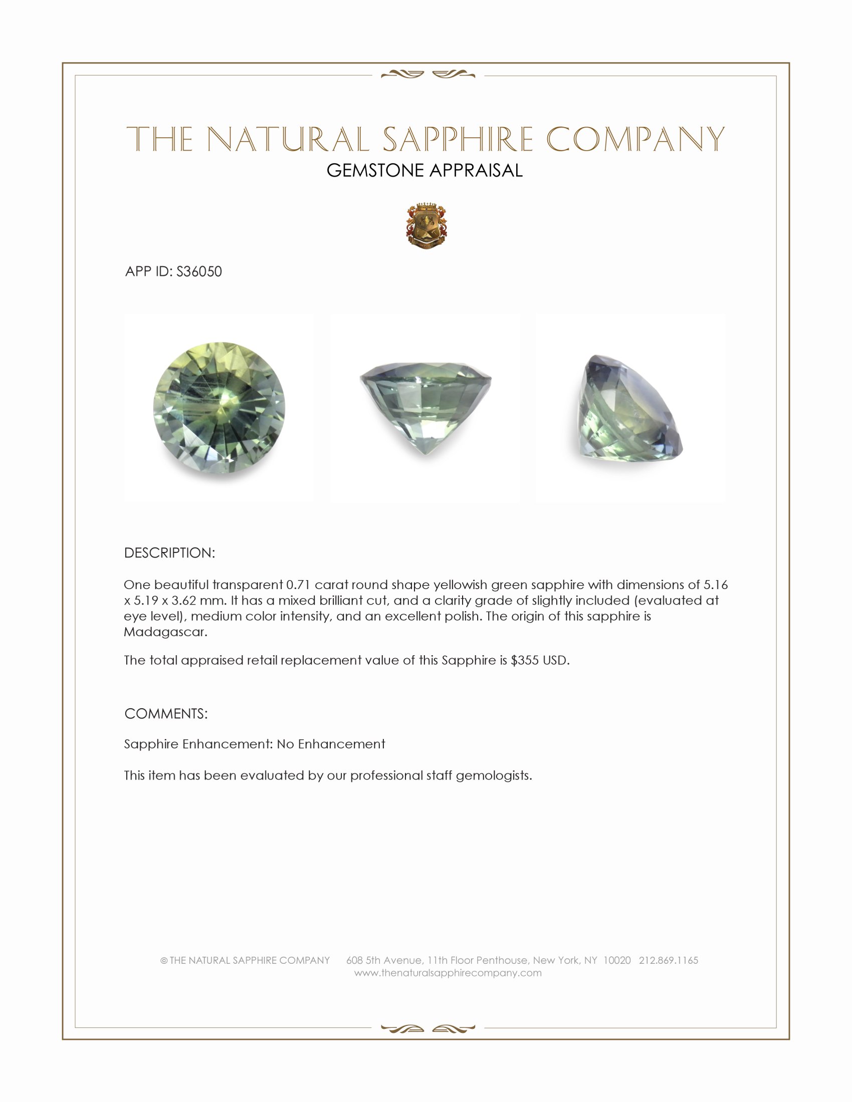 0.71 Ct. Yellowish Green Sapphire from Madagascar