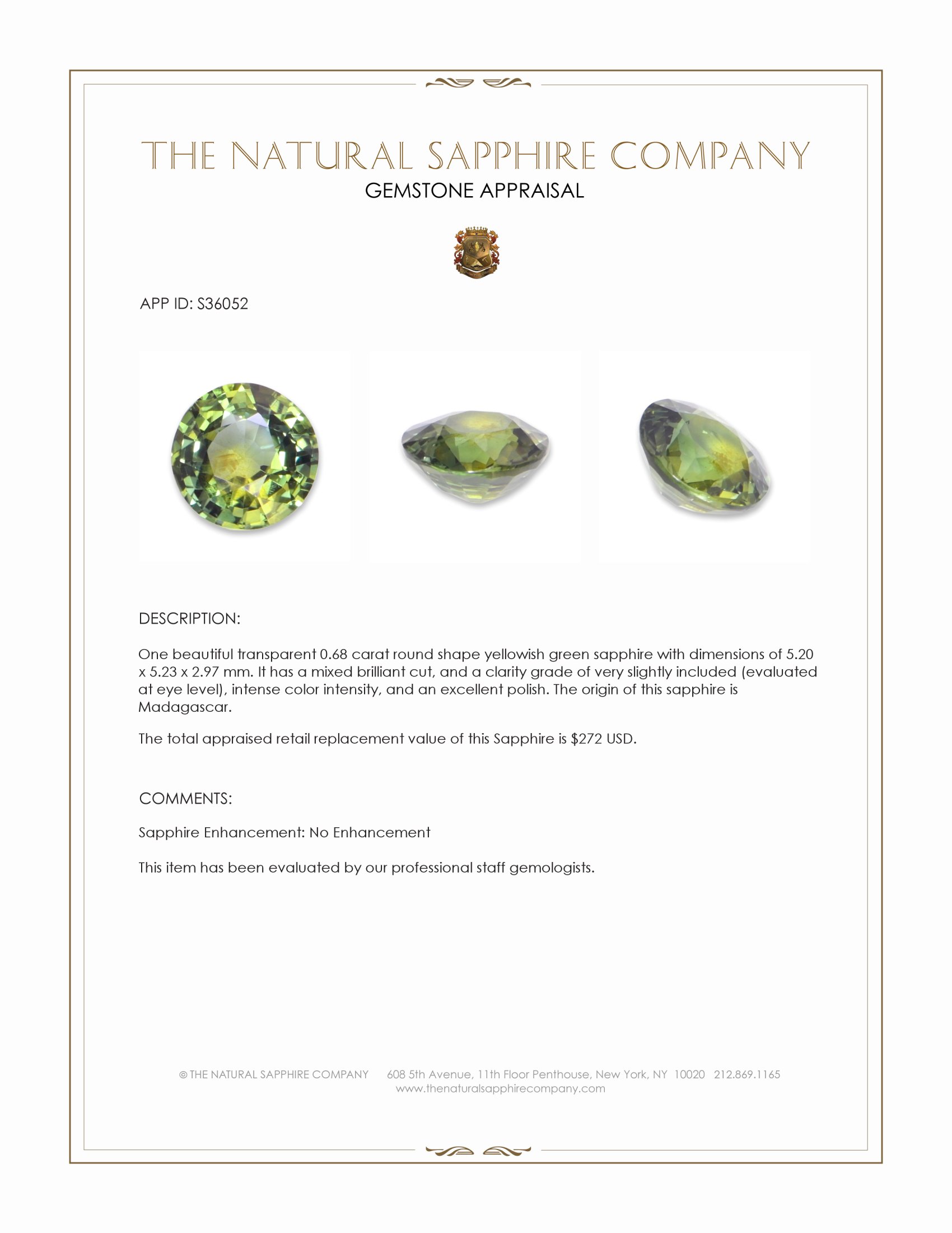0.68 Ct. Yellowish Green Sapphire from Madagascar