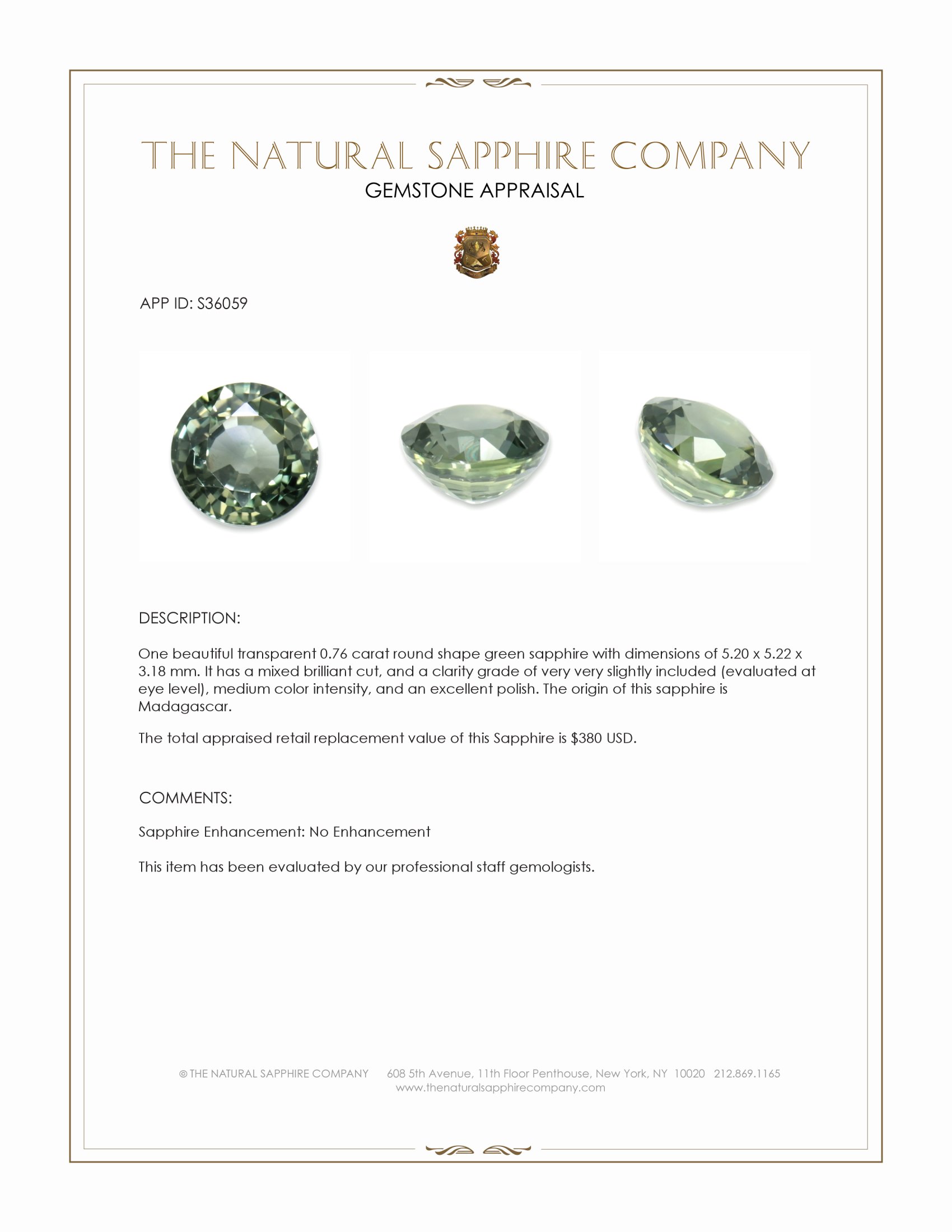 0.76 Ct. Green Sapphire from Madagascar