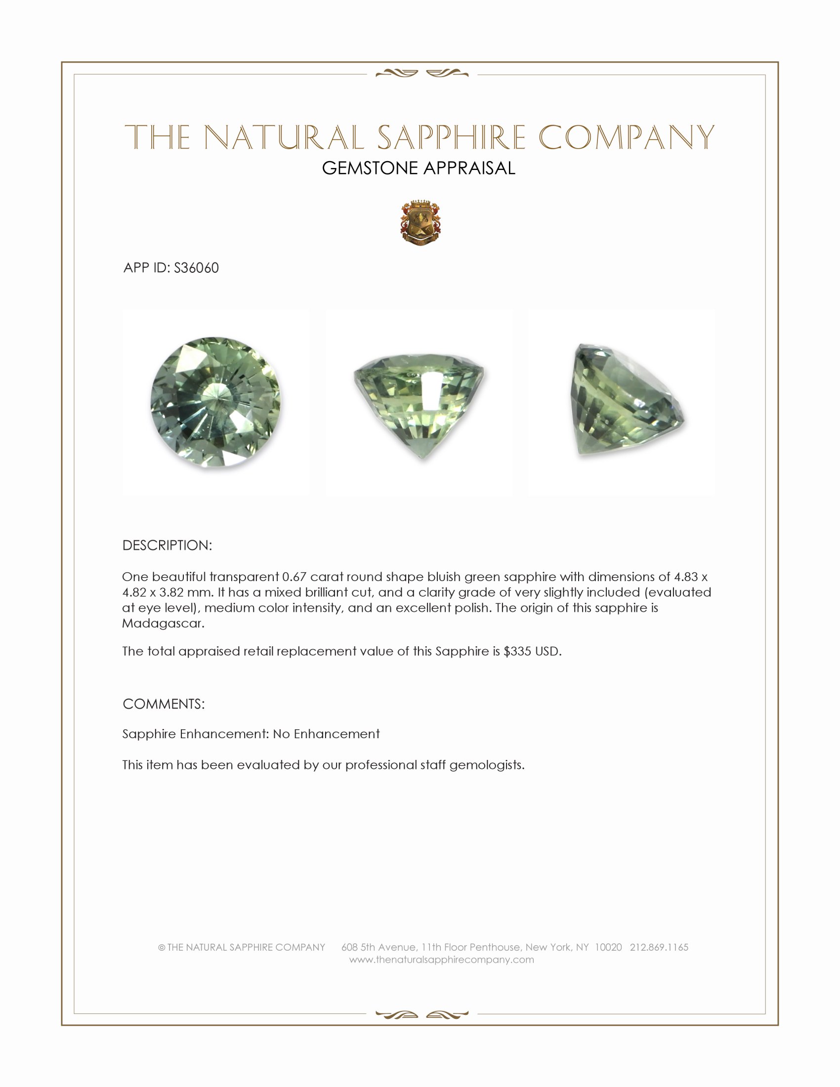 0.67 Ct. Bluish Green Sapphire from Madagascar