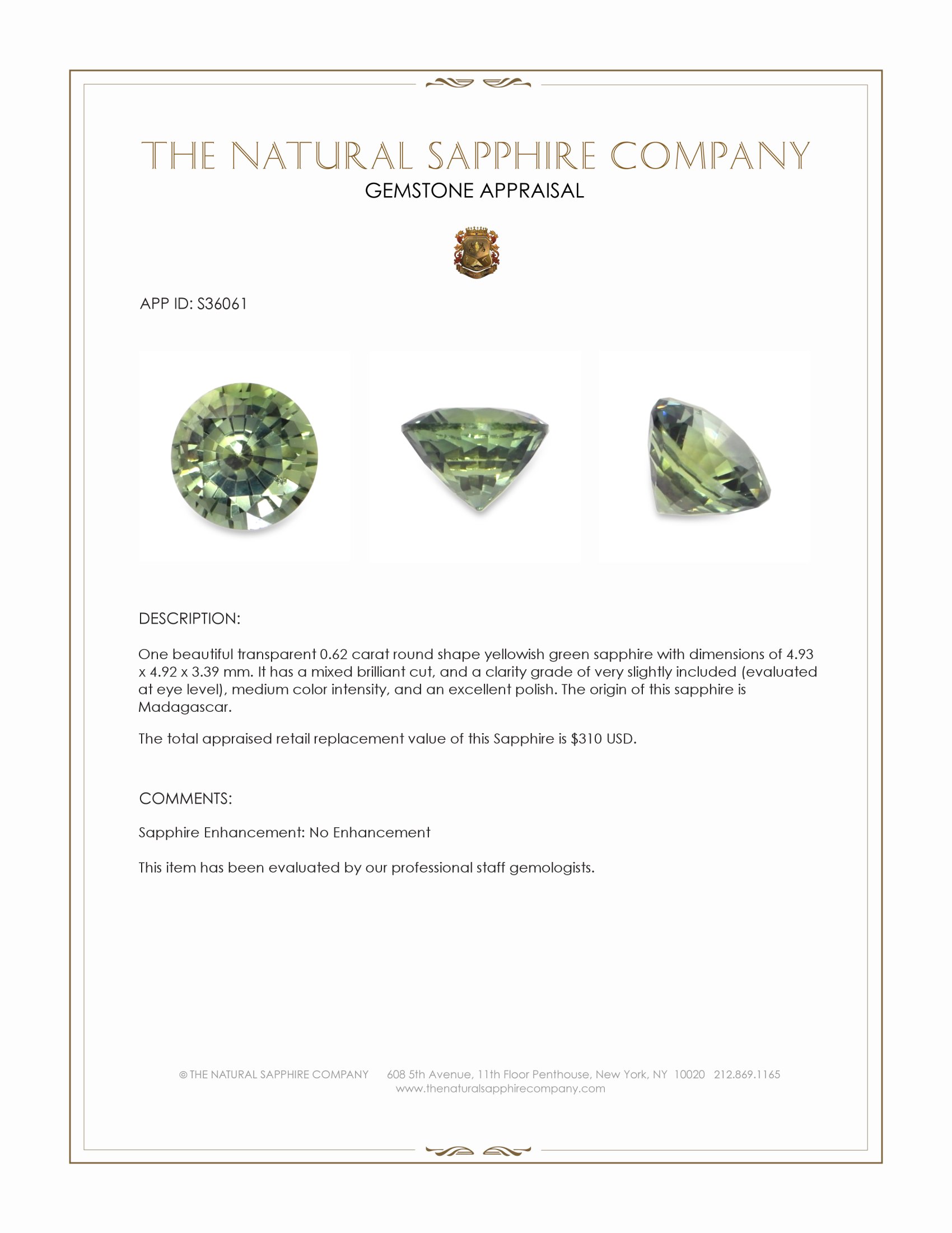 0.62 Ct. Yellowish Green Sapphire from Madagascar