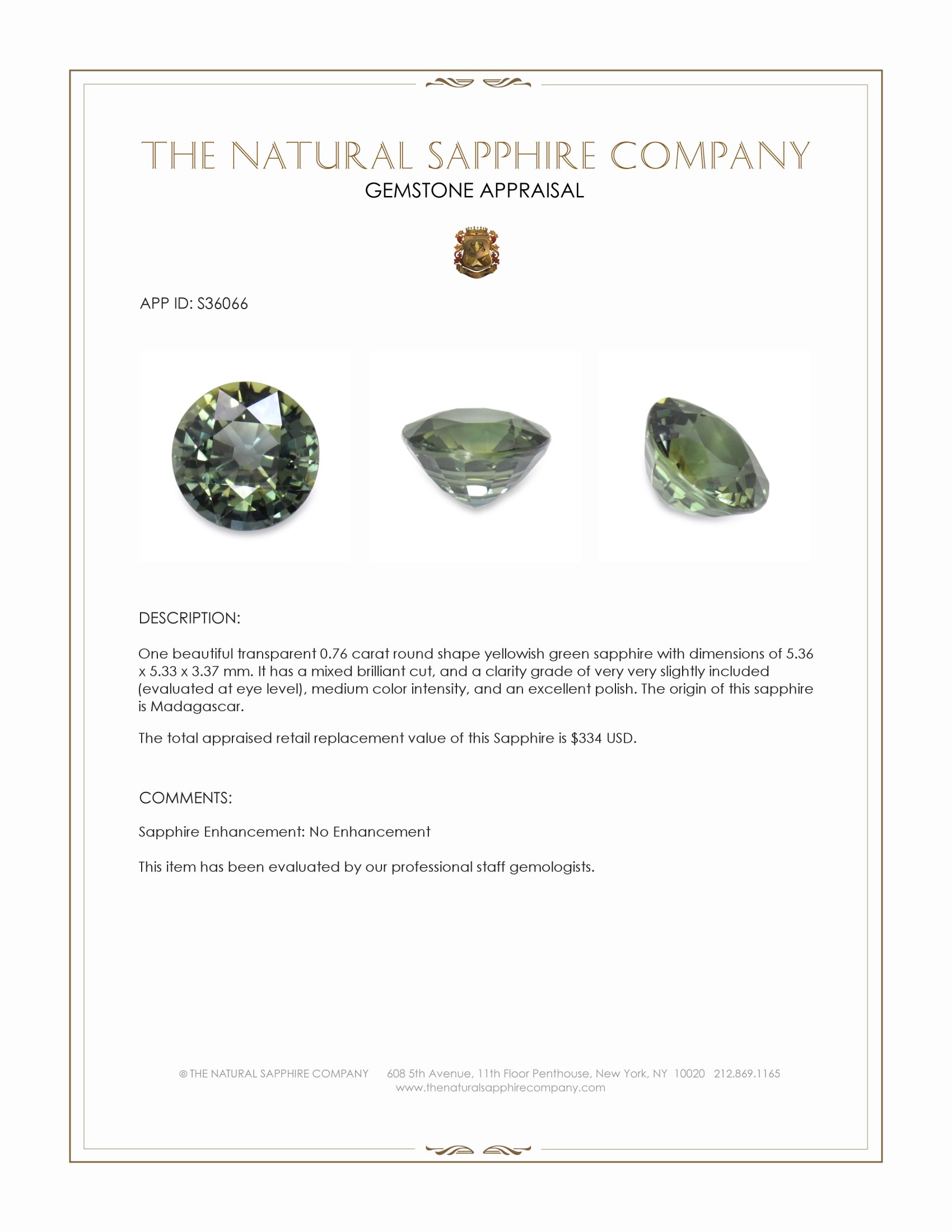 0.76 Ct. Yellowish Green Sapphire from Madagascar