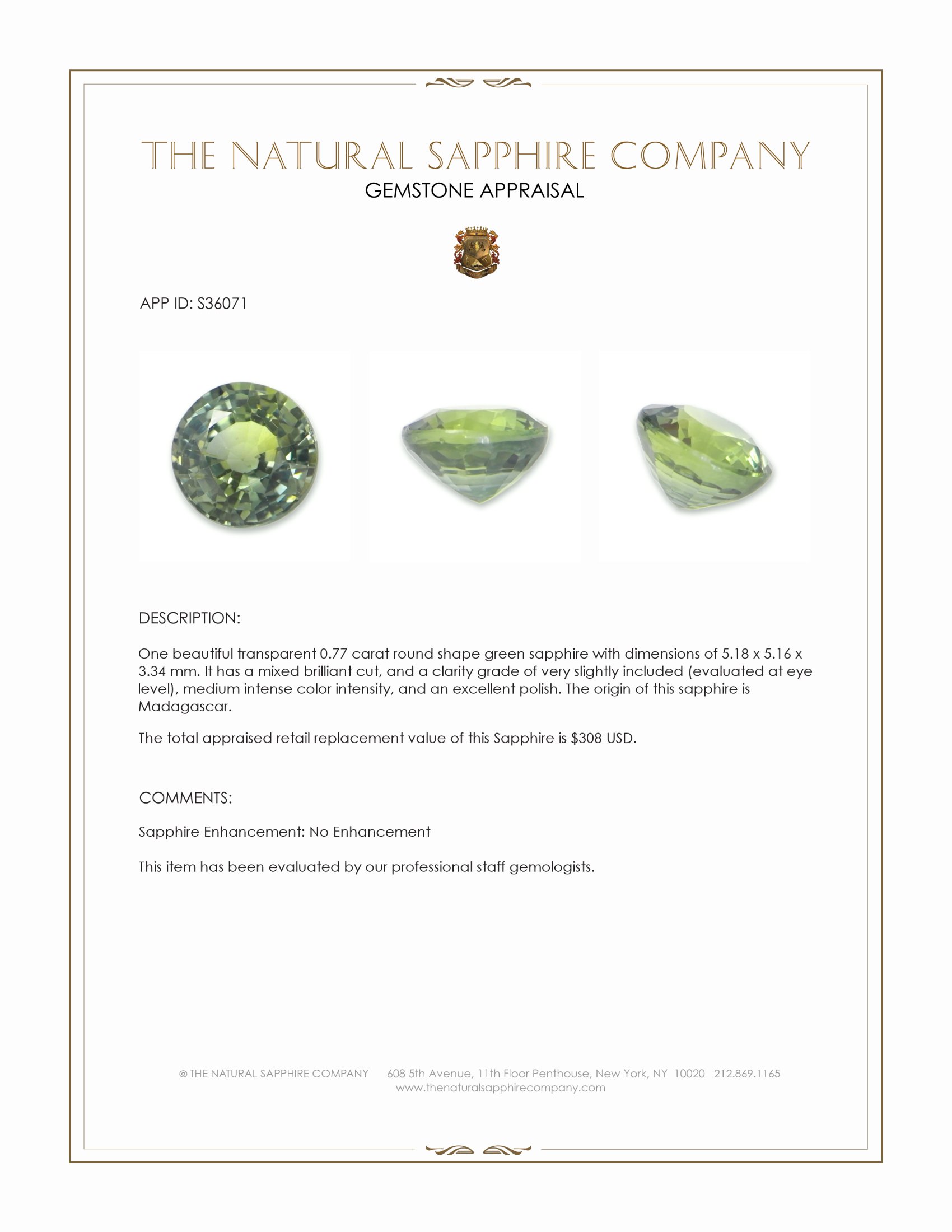 0.77 Ct. Green Sapphire from Madagascar