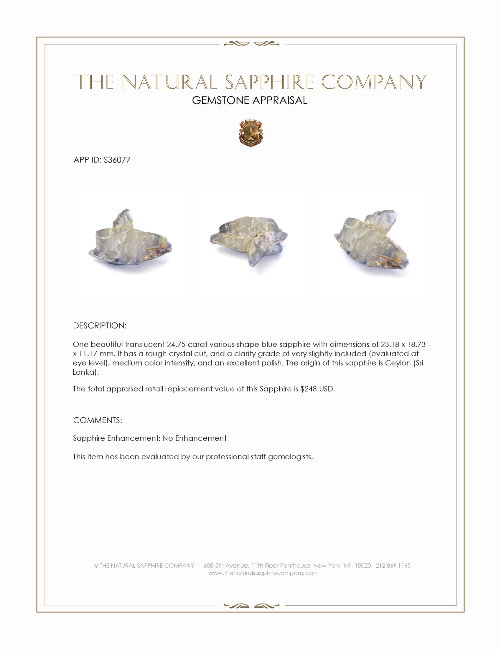 24.75 Ct. Blue Sapphire Crystal from Ceylon (Sri Lanka)