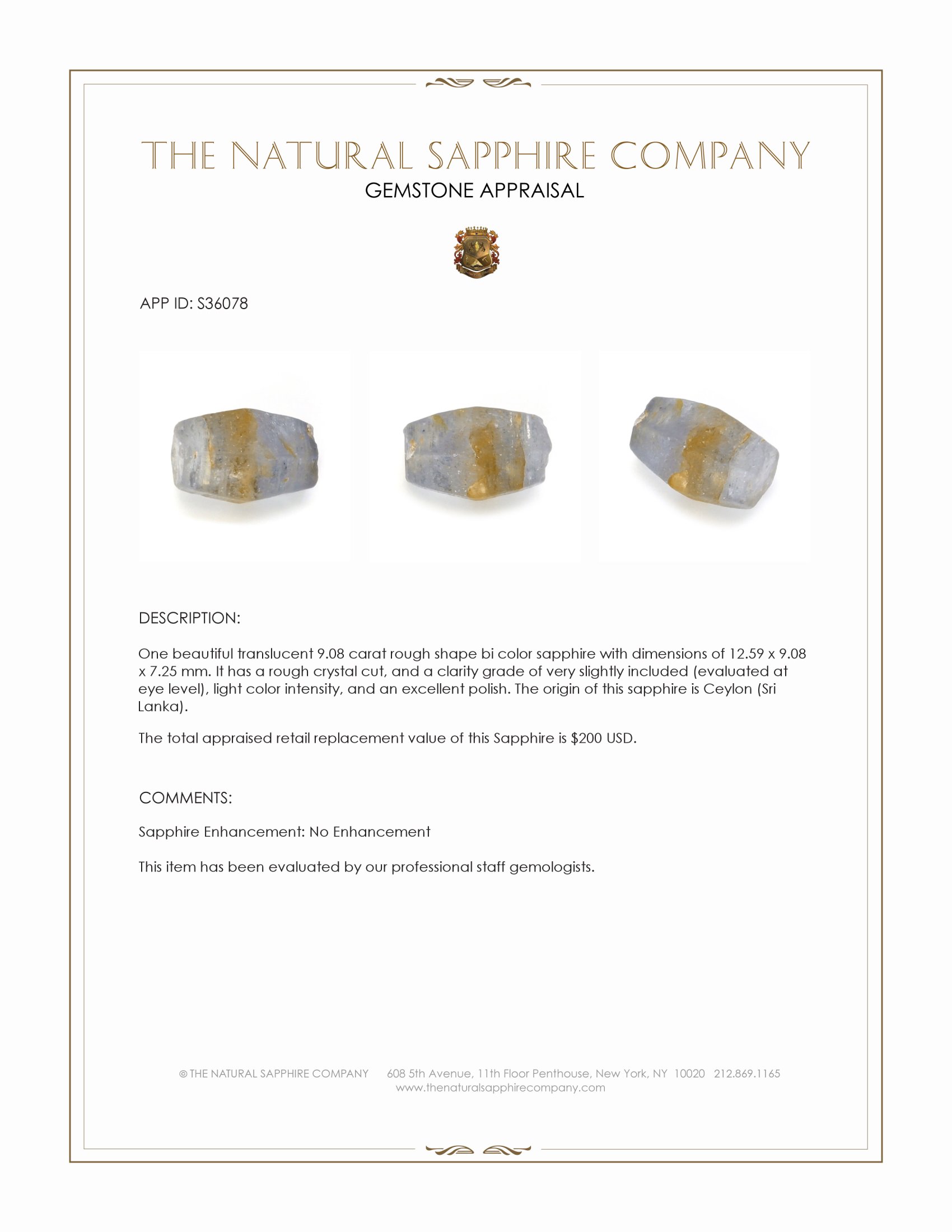 9.08 Ct. Bi Color Rough Sapphire Crystal from Ceylon (Sri Lanka)