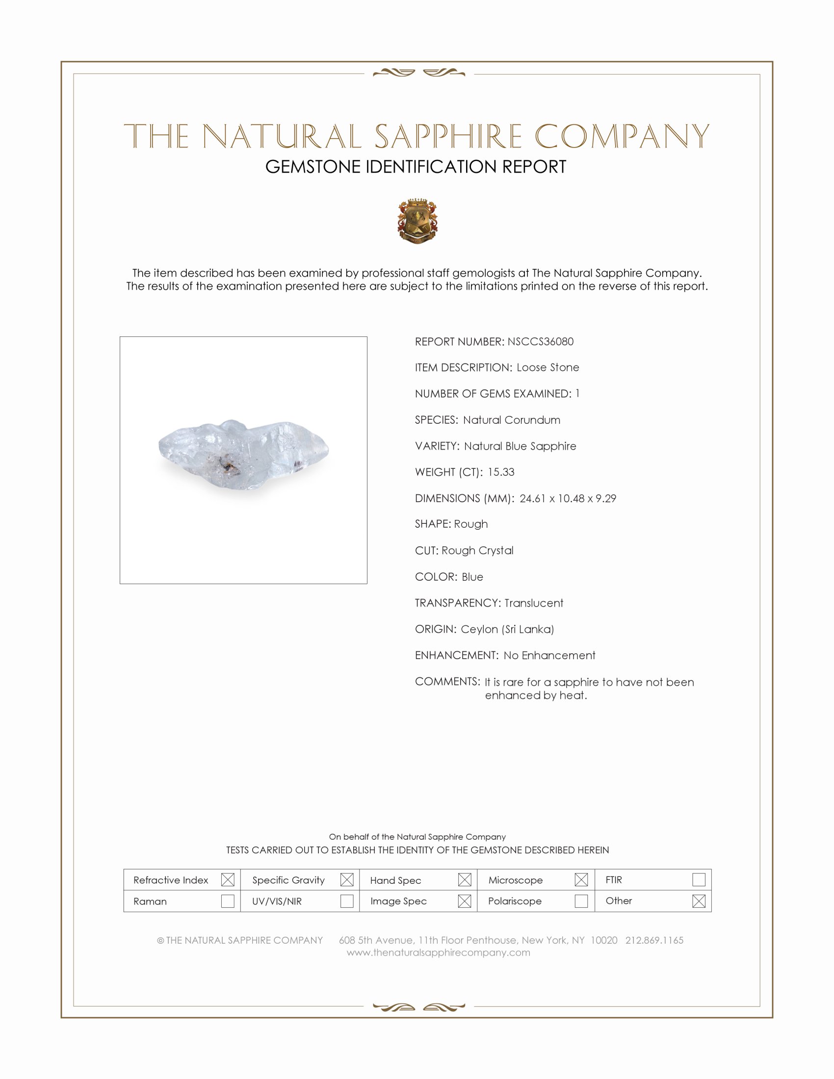 15.33 Ct. Blue Rough Sapphire Crystal from Ceylon (Sri Lanka)