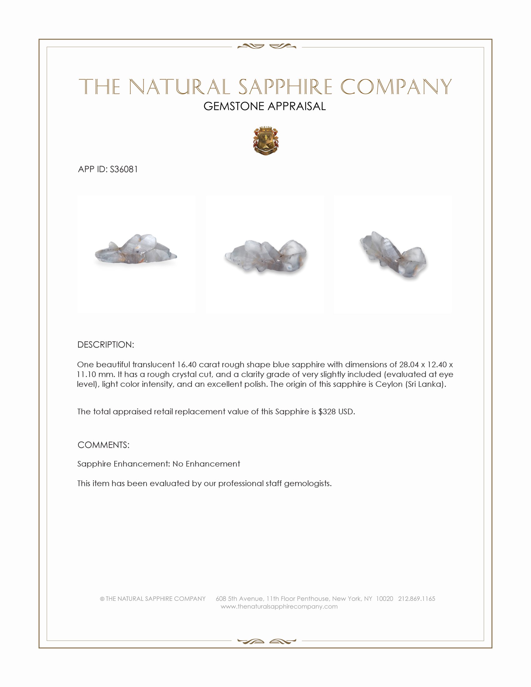 16.40 Ct. Blue Rough Sapphire Crystal from Ceylon (Sri Lanka)