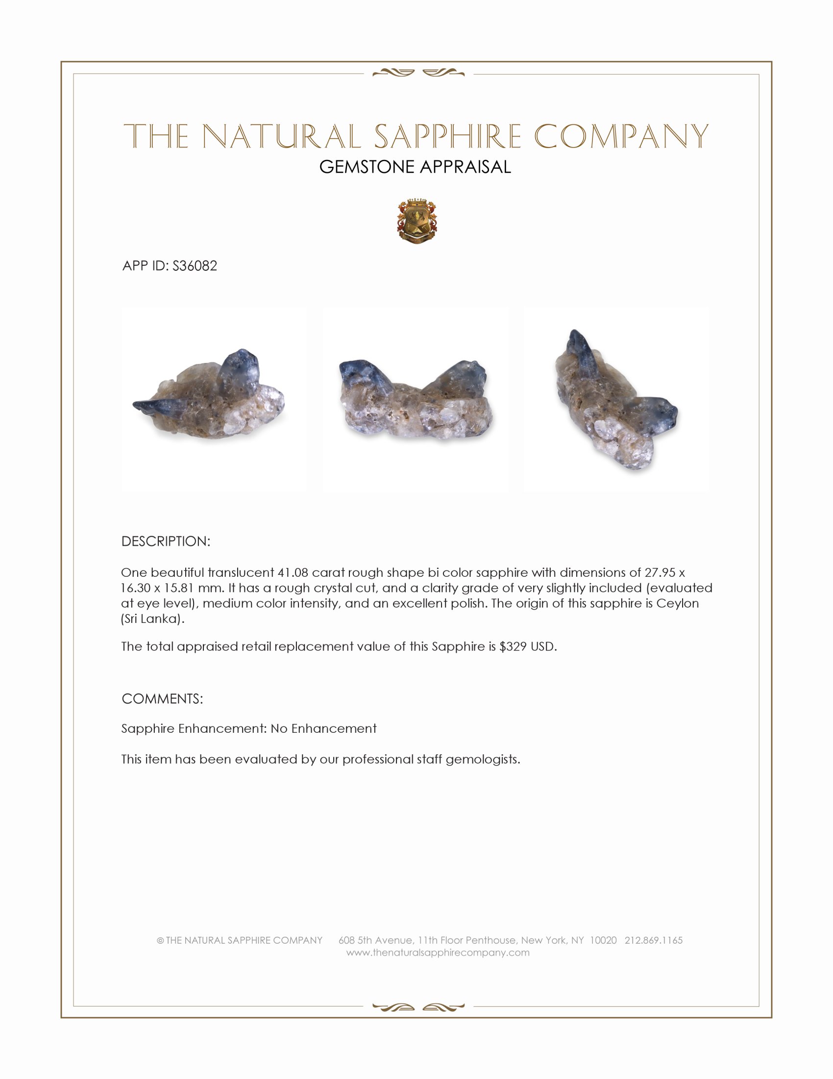 41.08 Ct. Bi Color Rough Sapphire Crystal from Ceylon (Sri Lanka)