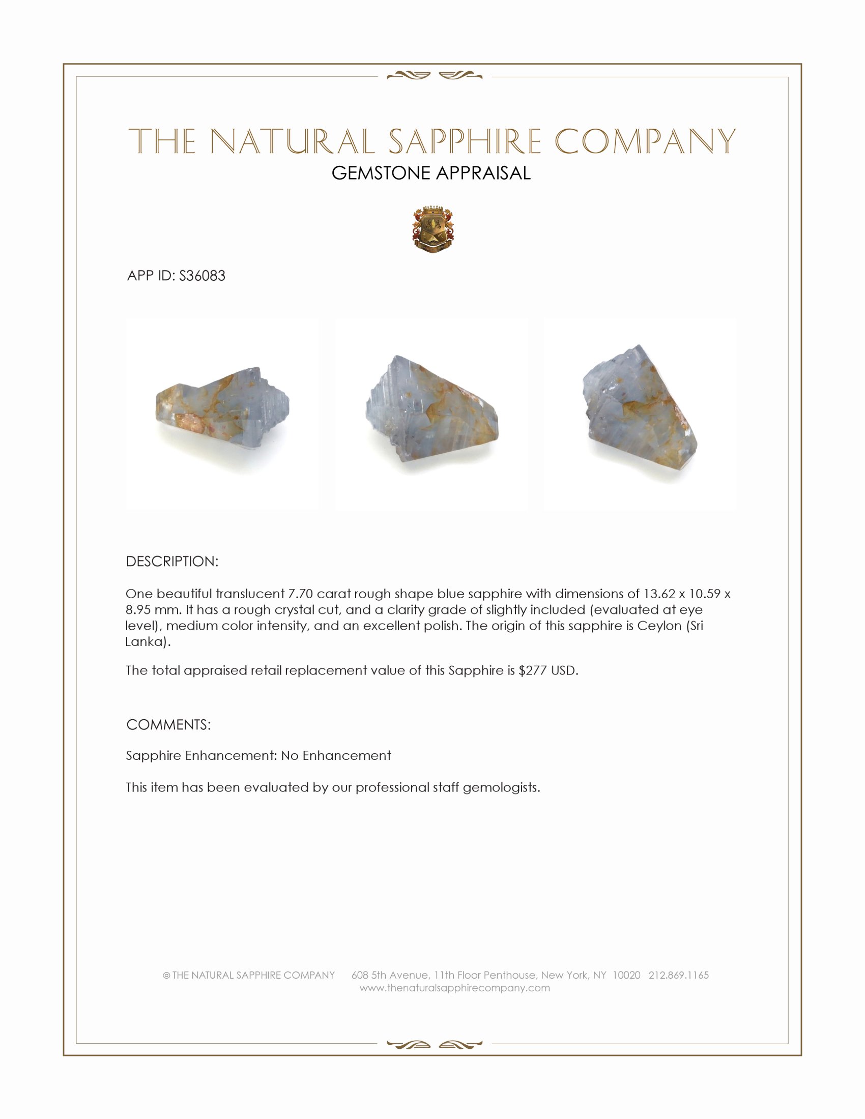 7.70 Ct. Blue Rough Sapphire Crystal from Ceylon (Sri Lanka)