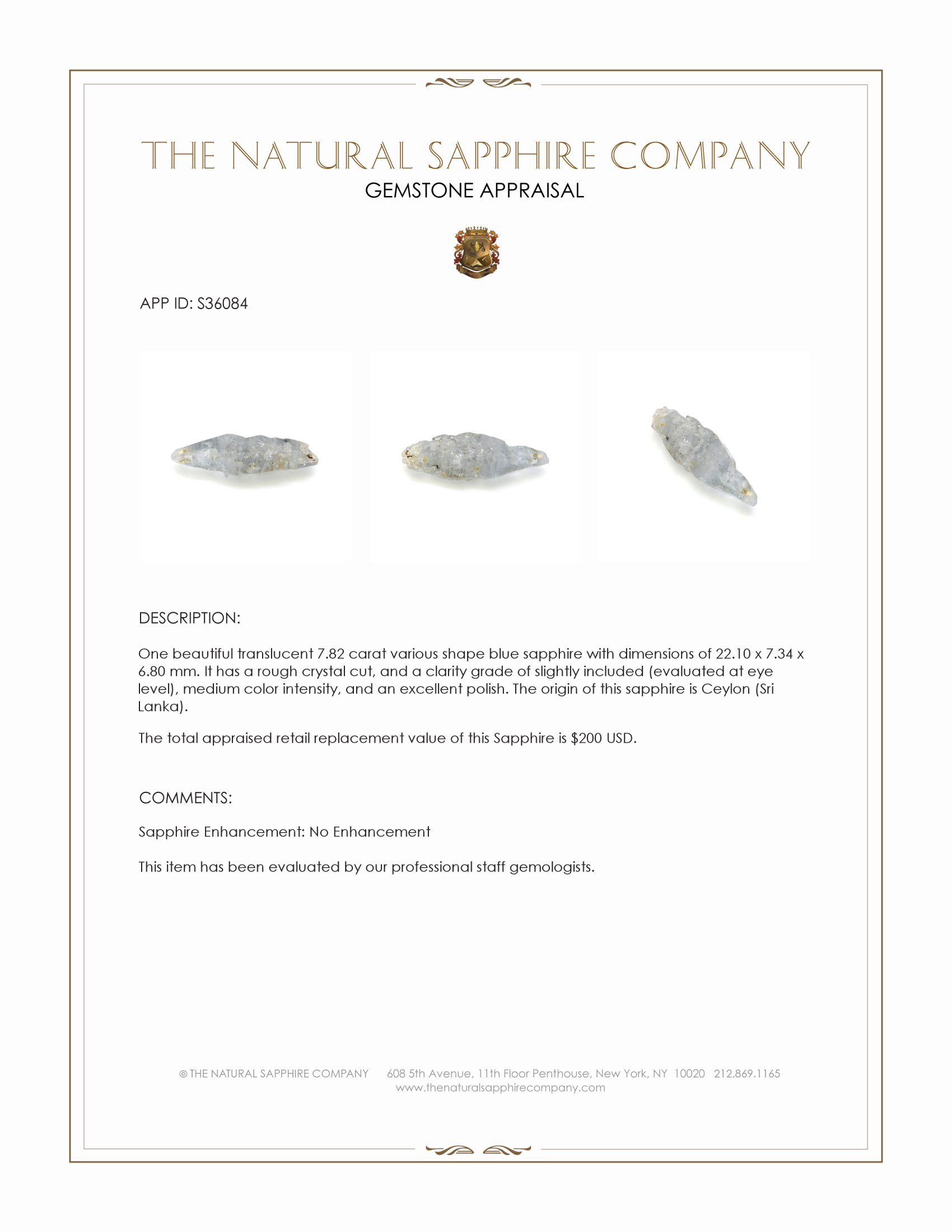 7.82 Ct. Blue Sapphire Crystal from Ceylon (Sri Lanka)