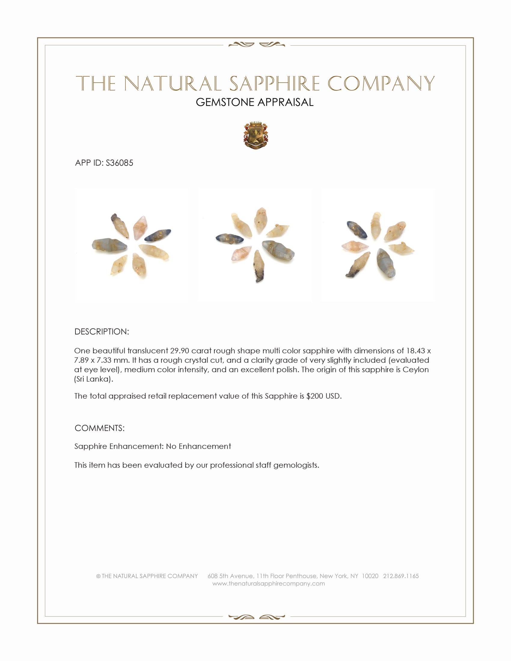 29.90 Ct. Multi Color Rough Sapphire Crystal from Ceylon (Sri Lanka)