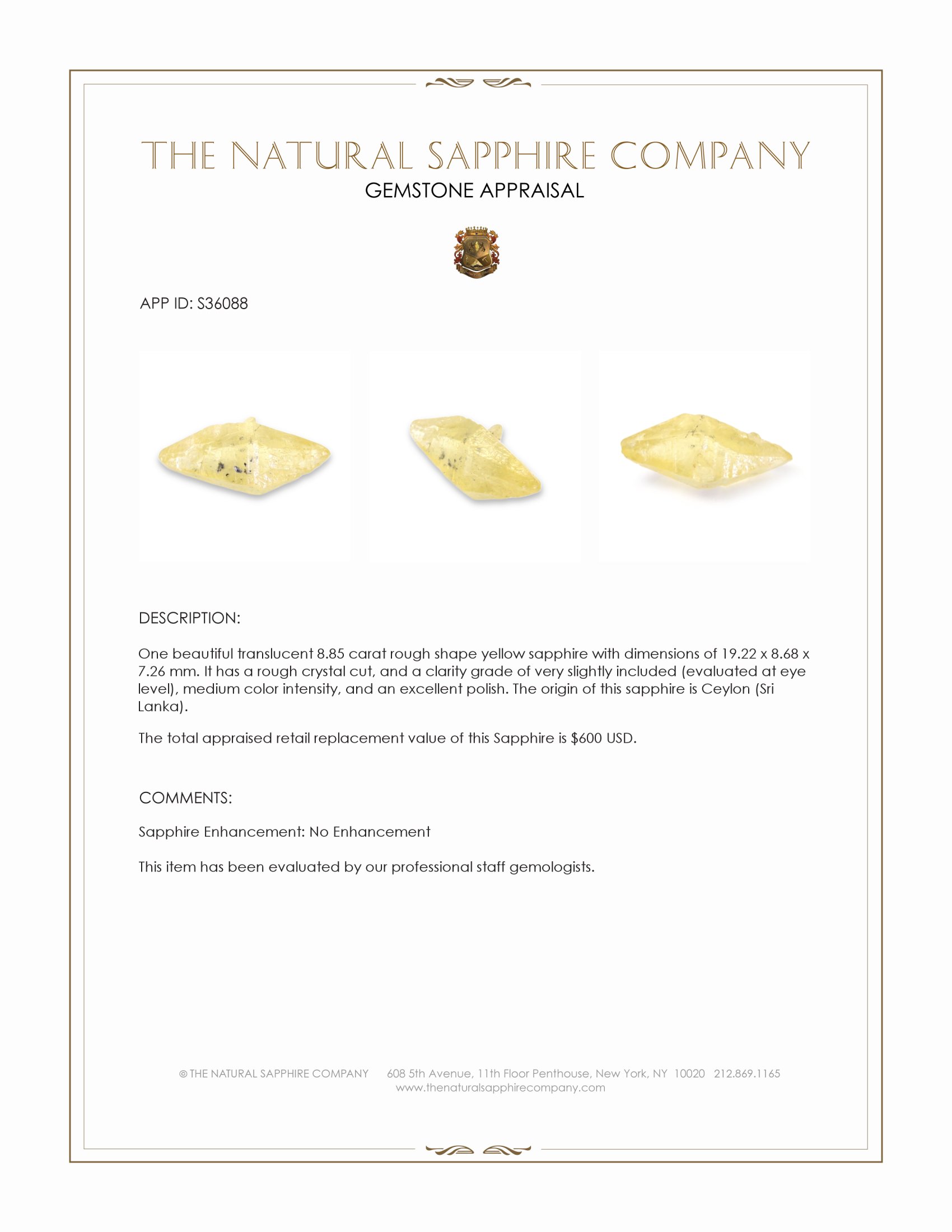 8.85 Ct. Yellow Rough Sapphire Crystal from Ceylon (Sri Lanka)