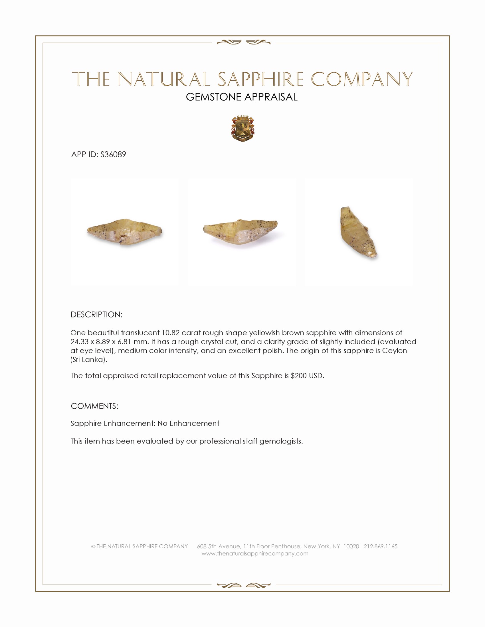 10.82 Ct. Yellowish Brown Rough Sapphire Crystal from Ceylon (Sri Lanka)