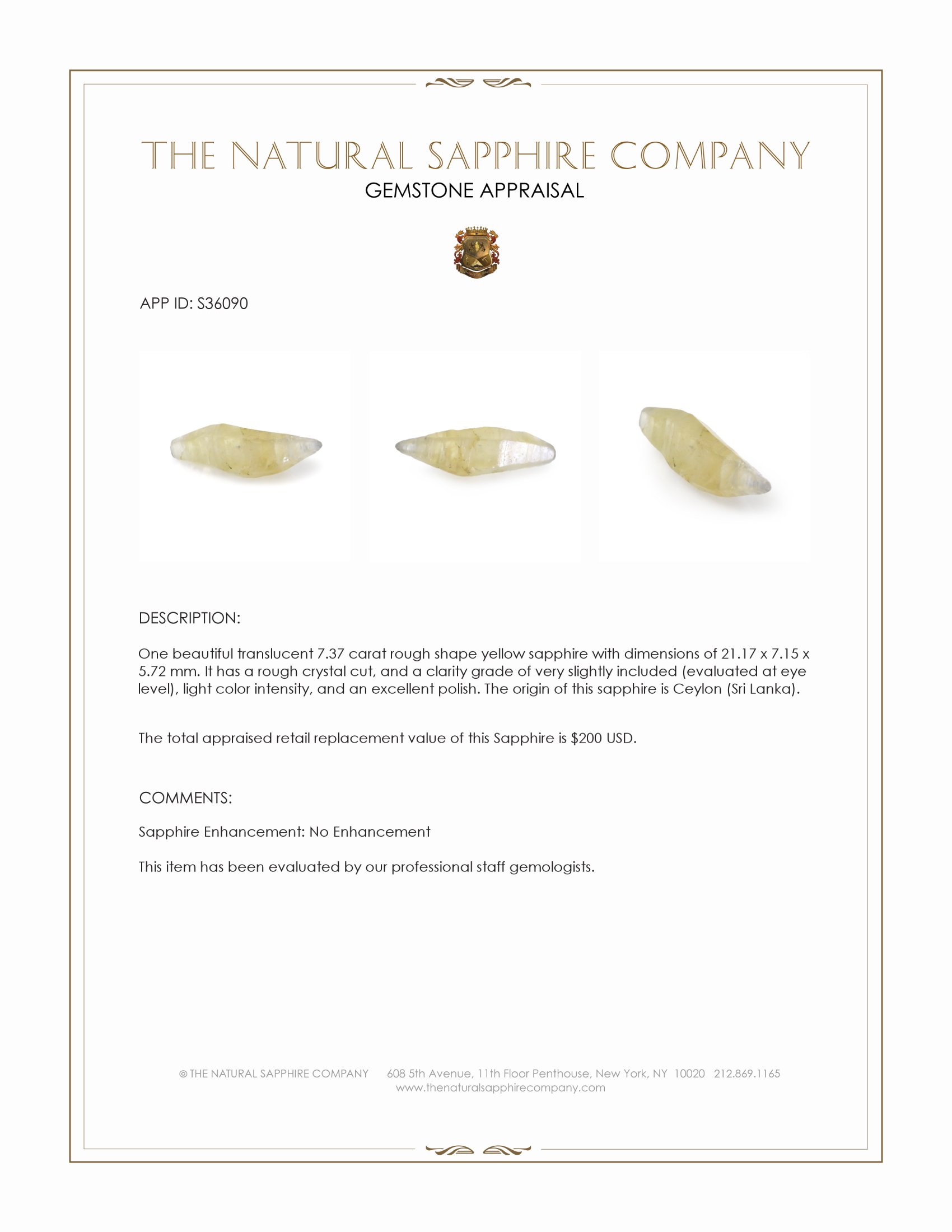 7.37 Ct. Yellow Rough Sapphire Crystal from Ceylon (Sri Lanka)