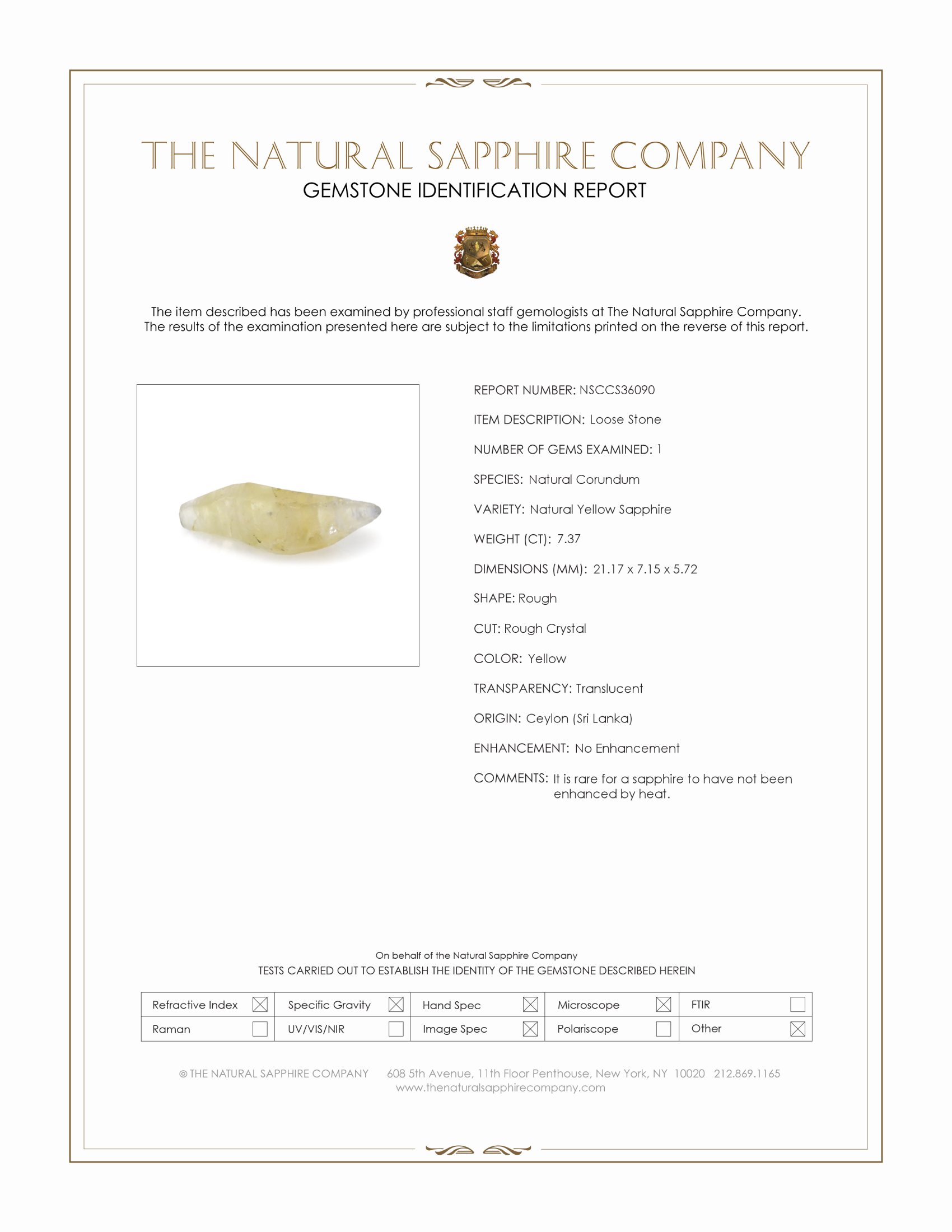7.37 Ct. Yellow Rough Sapphire Crystal from Ceylon (Sri Lanka)