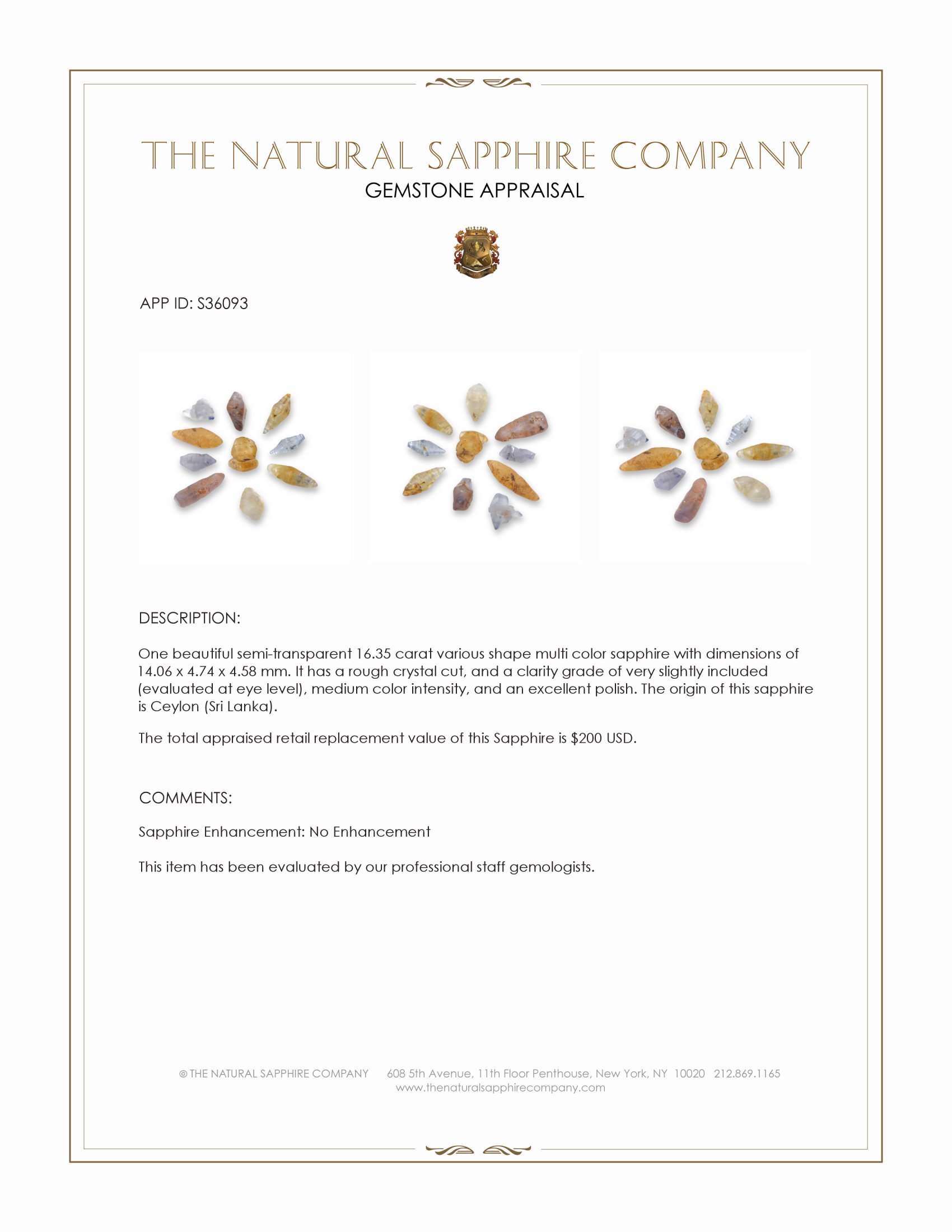 16.35 Ct. Multi Color Sapphire Crystal from Ceylon (Sri Lanka)