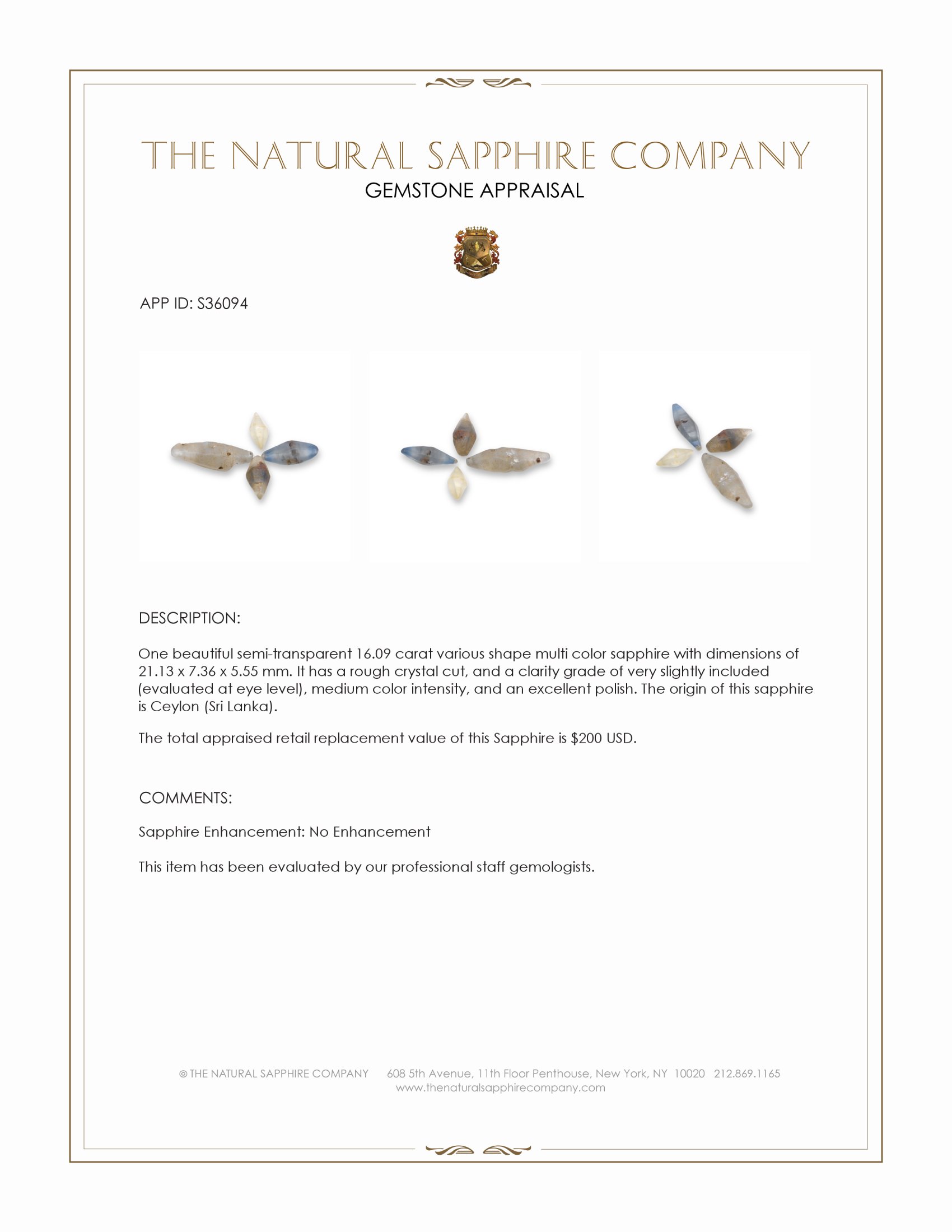 16.09 Ct. Multi Color Sapphire Crystal from Ceylon (Sri Lanka)