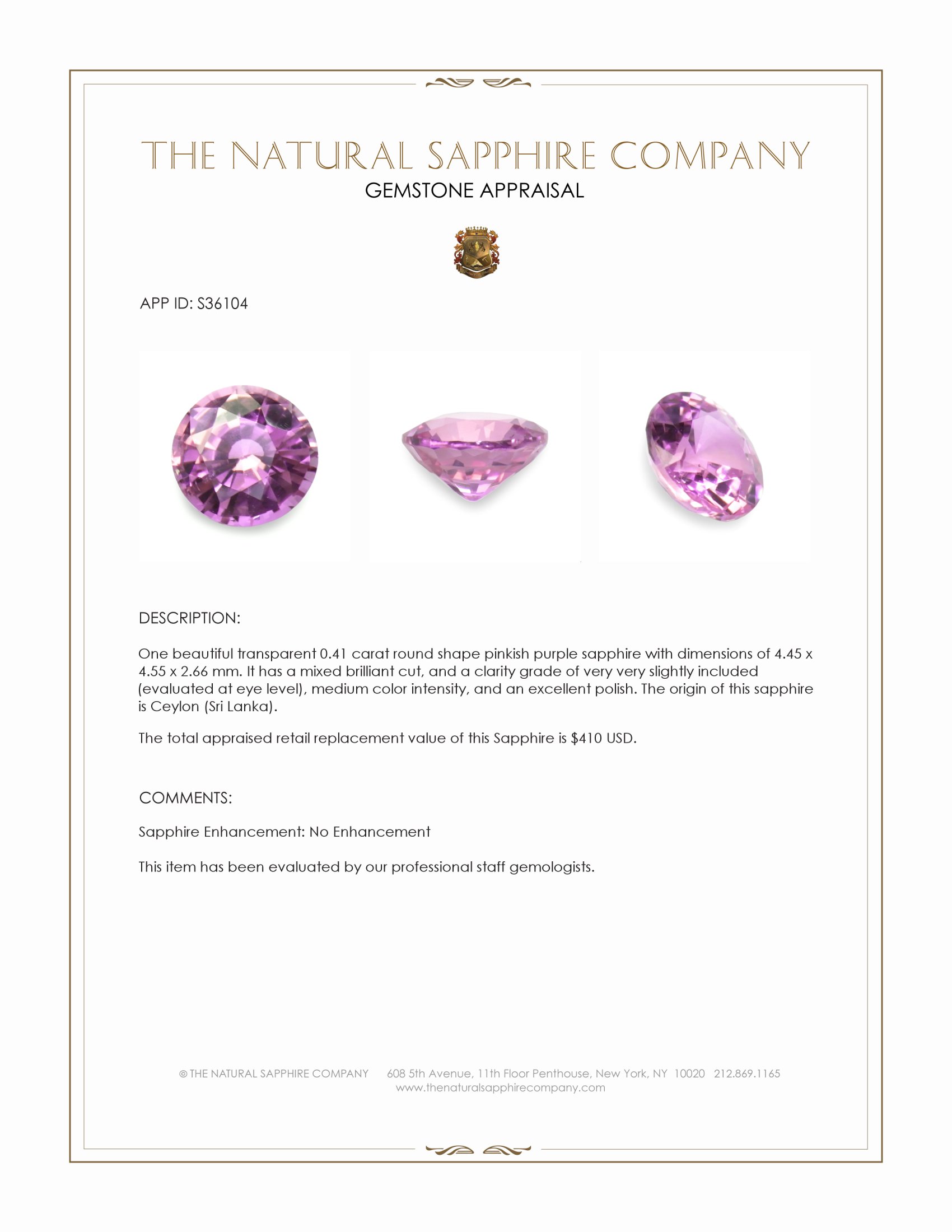 0.41 Ct. Pinkish Purple Sapphire from Ceylon (Sri Lanka)