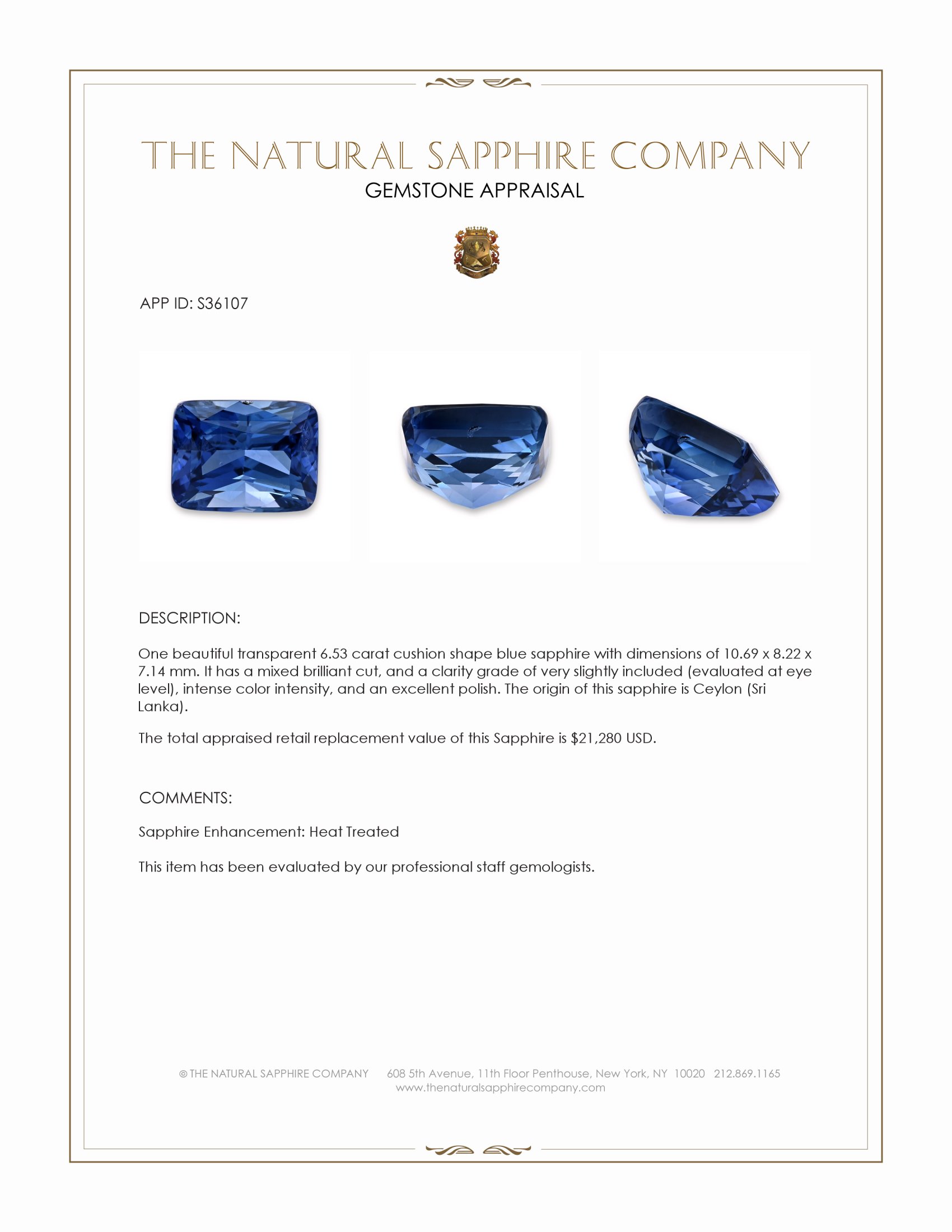 6.53 Ct. Blue Sapphire from Ceylon (Sri Lanka)