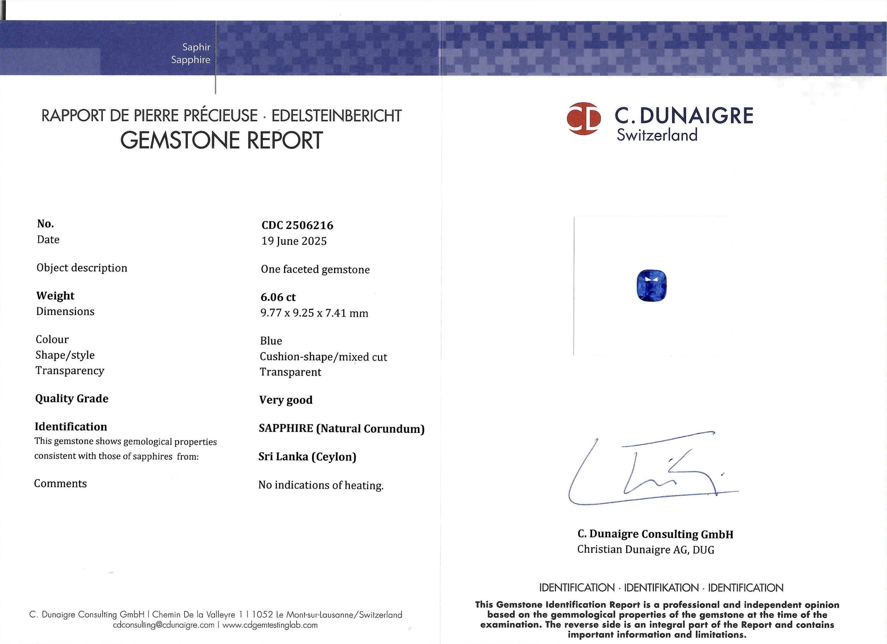 6.06 Ct. Blue Sapphire from Ceylon (Sri Lanka)