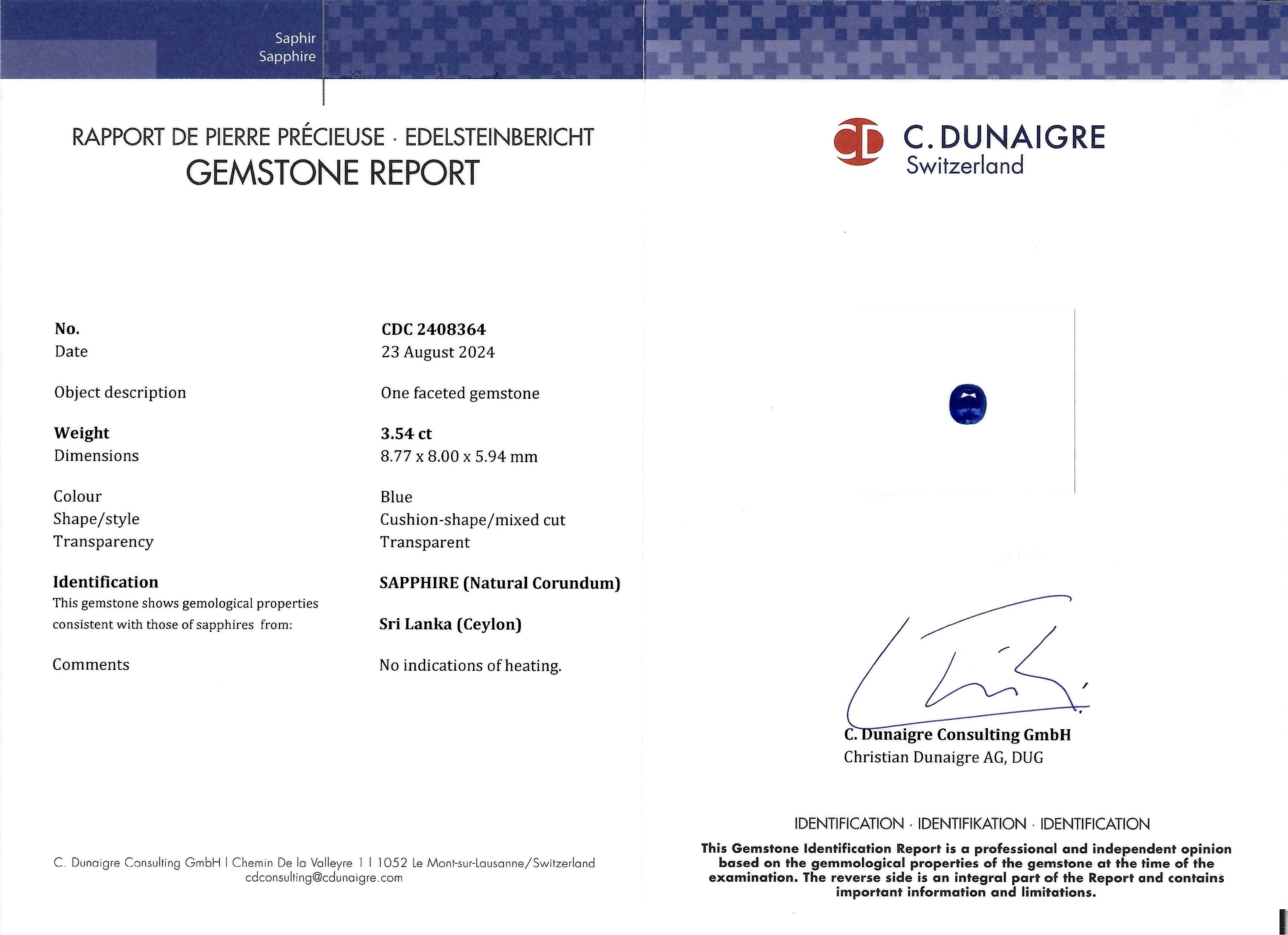 3.54 Ct. Blue Sapphire from Ceylon (Sri Lanka)