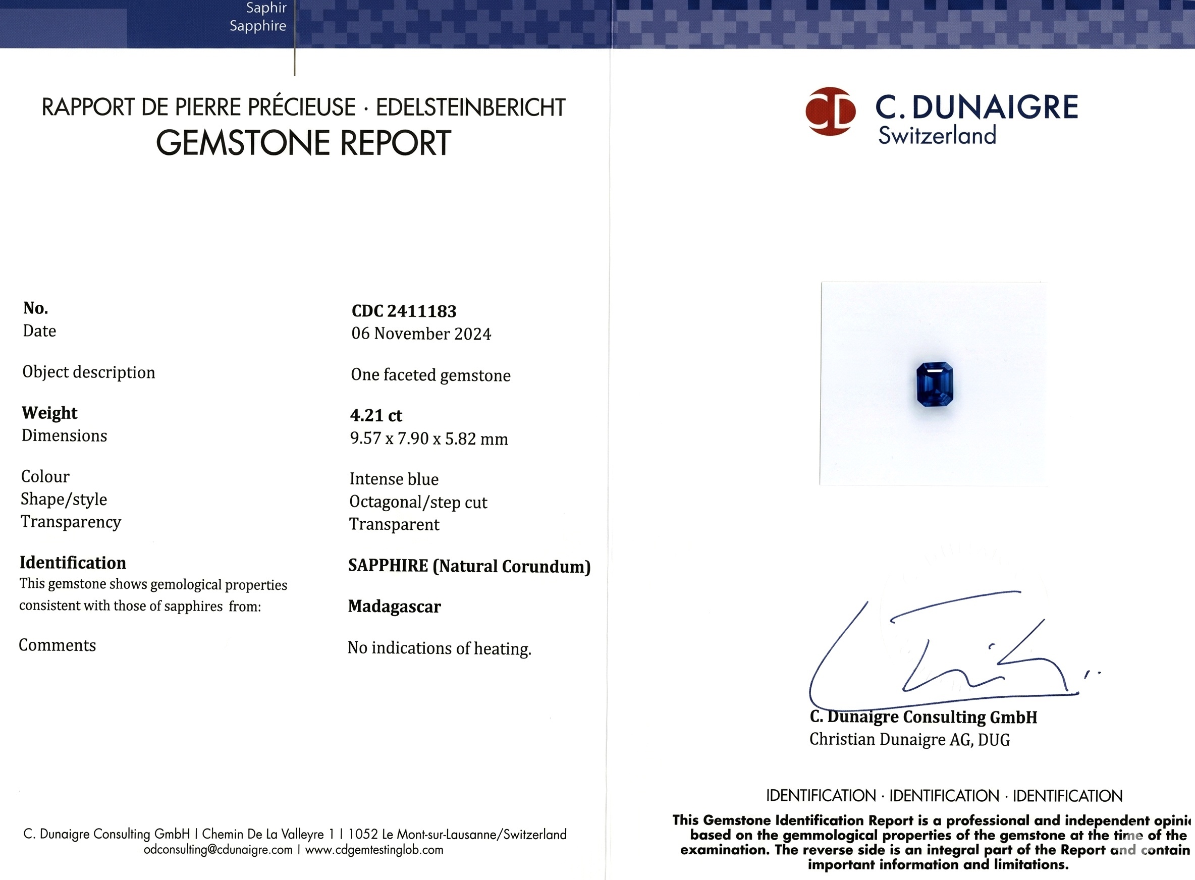 4.21 Ct. Blue Sapphire from Madagascar