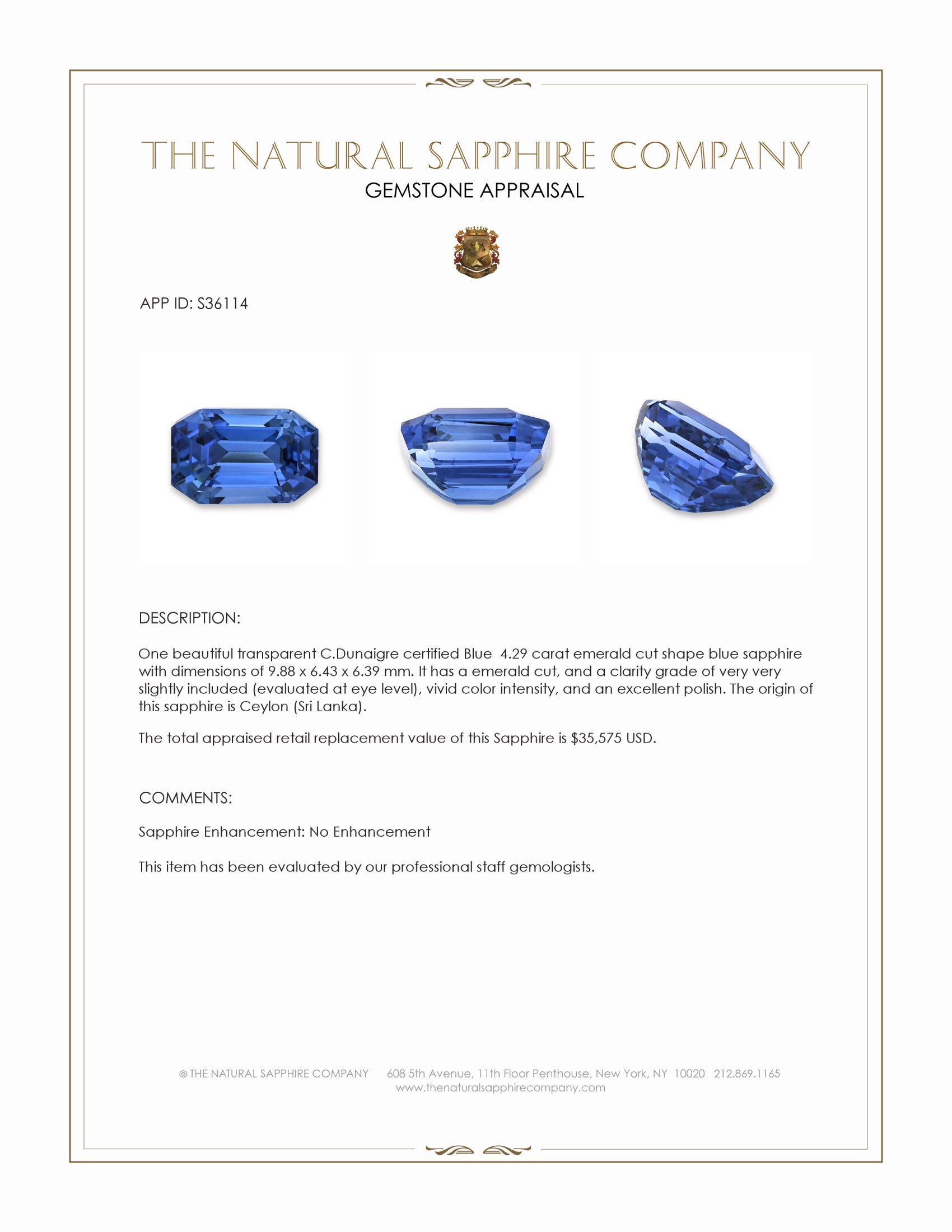 4.29 Ct. Blue Sapphire from Ceylon (Sri Lanka)