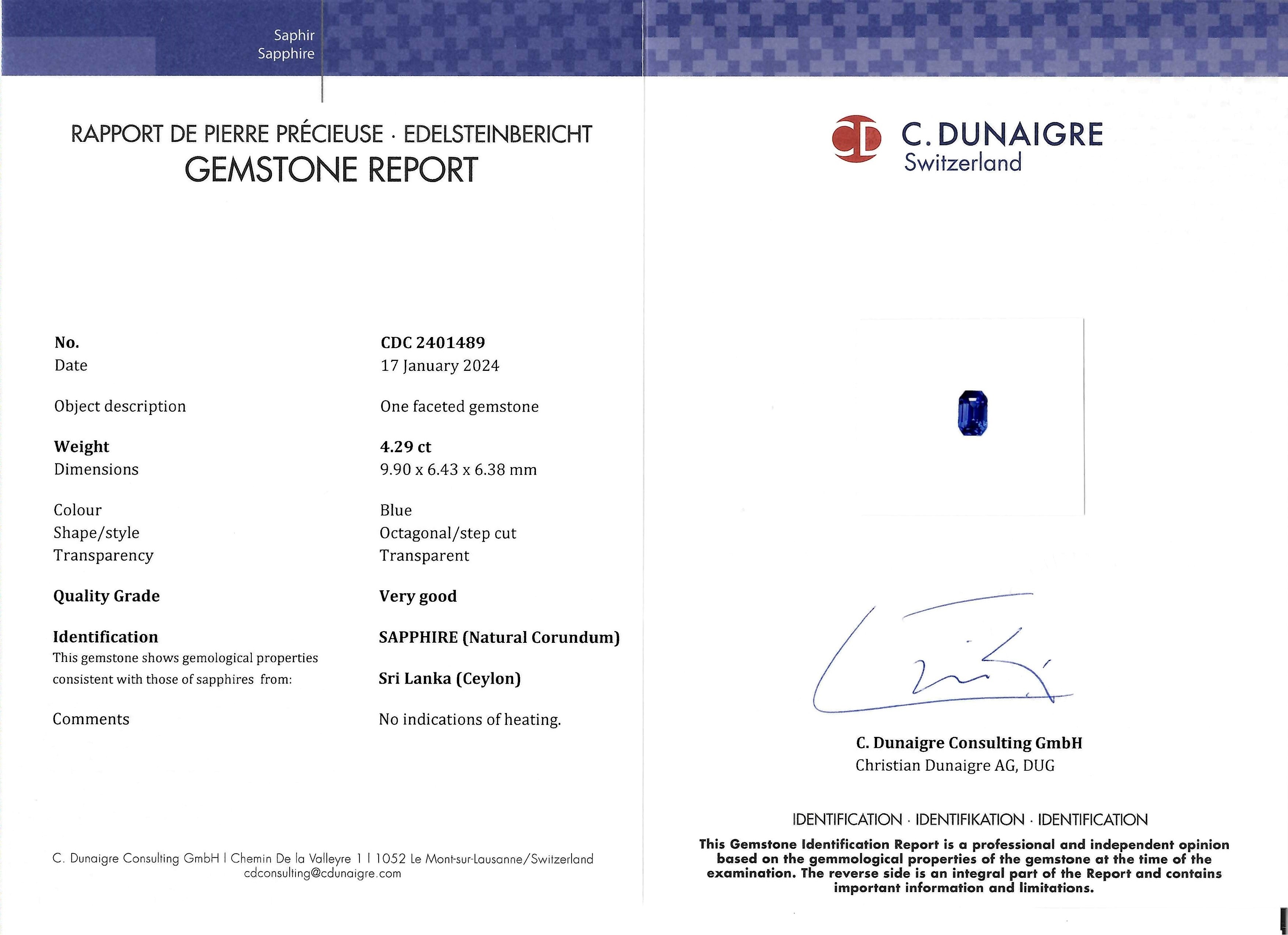 4.29 Ct. Blue Sapphire from Ceylon (Sri Lanka)