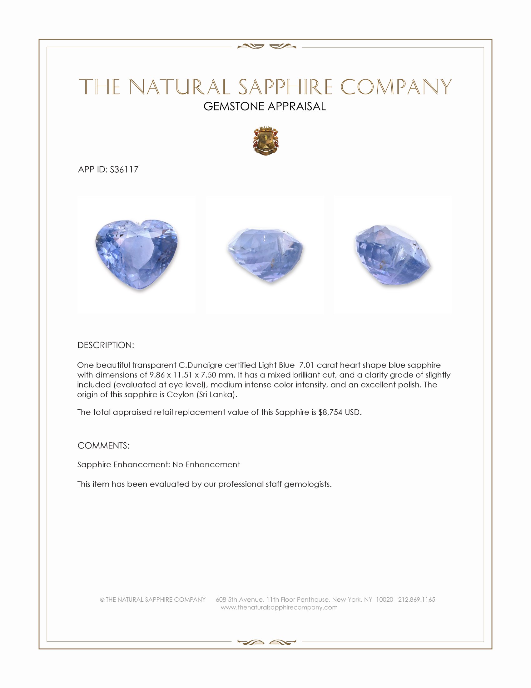7.01 Ct. Blue Sapphire from Ceylon (Sri Lanka)