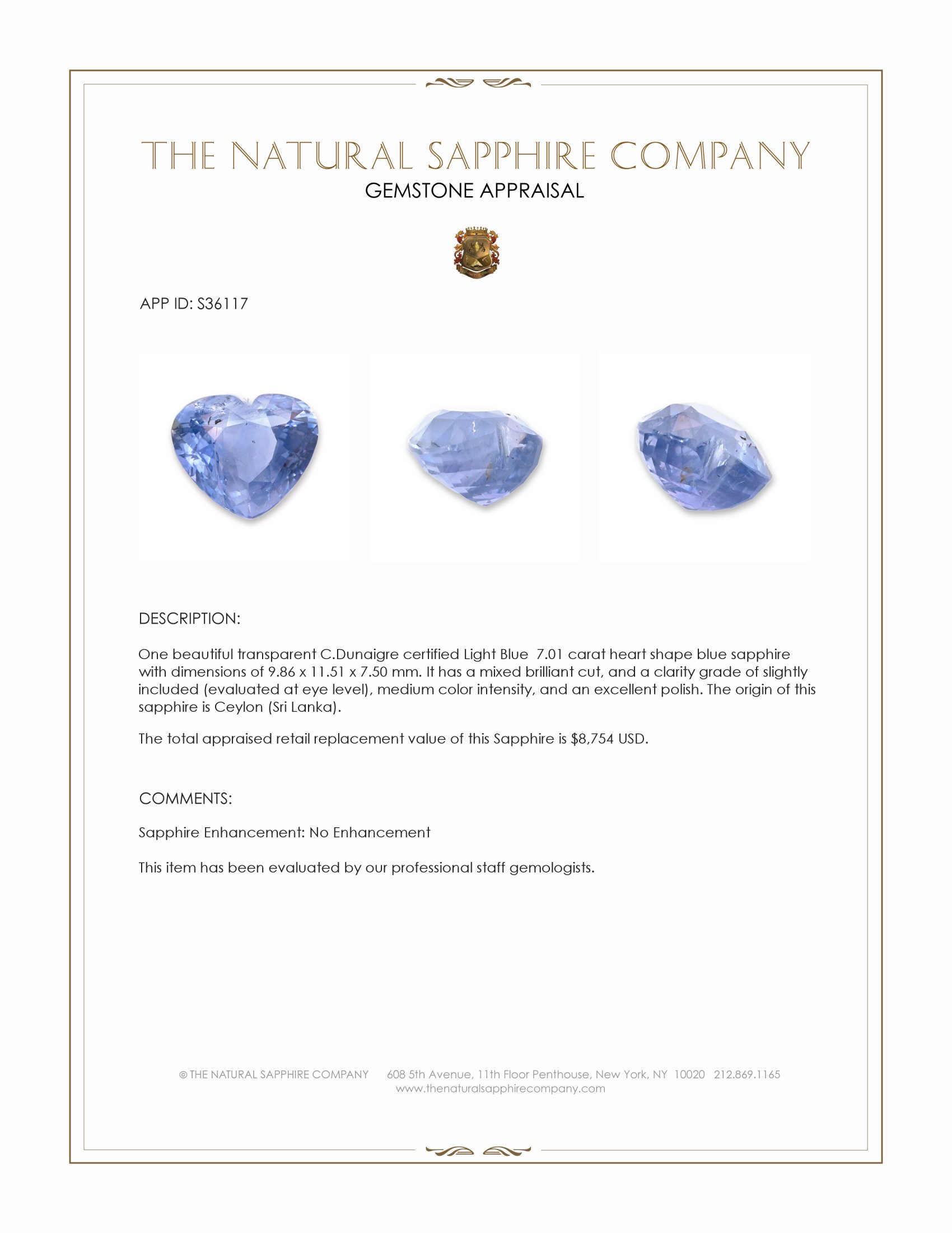7.01 Ct. Blue Sapphire from Ceylon (Sri Lanka)