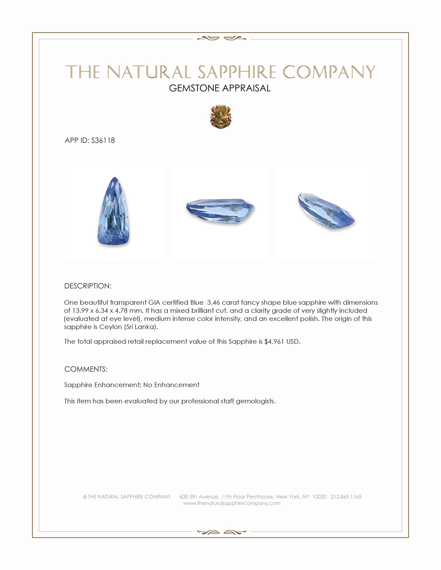 3.46 Ct. Blue Sapphire from Ceylon (Sri Lanka)