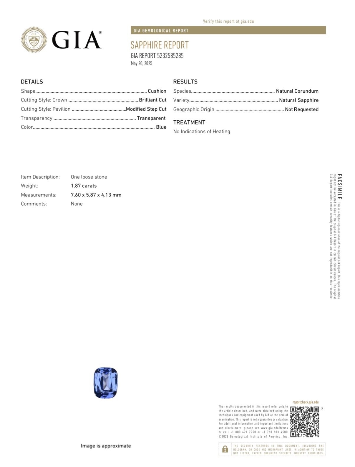 1.87 Ct. Blue Sapphire from Ceylon (Sri Lanka)