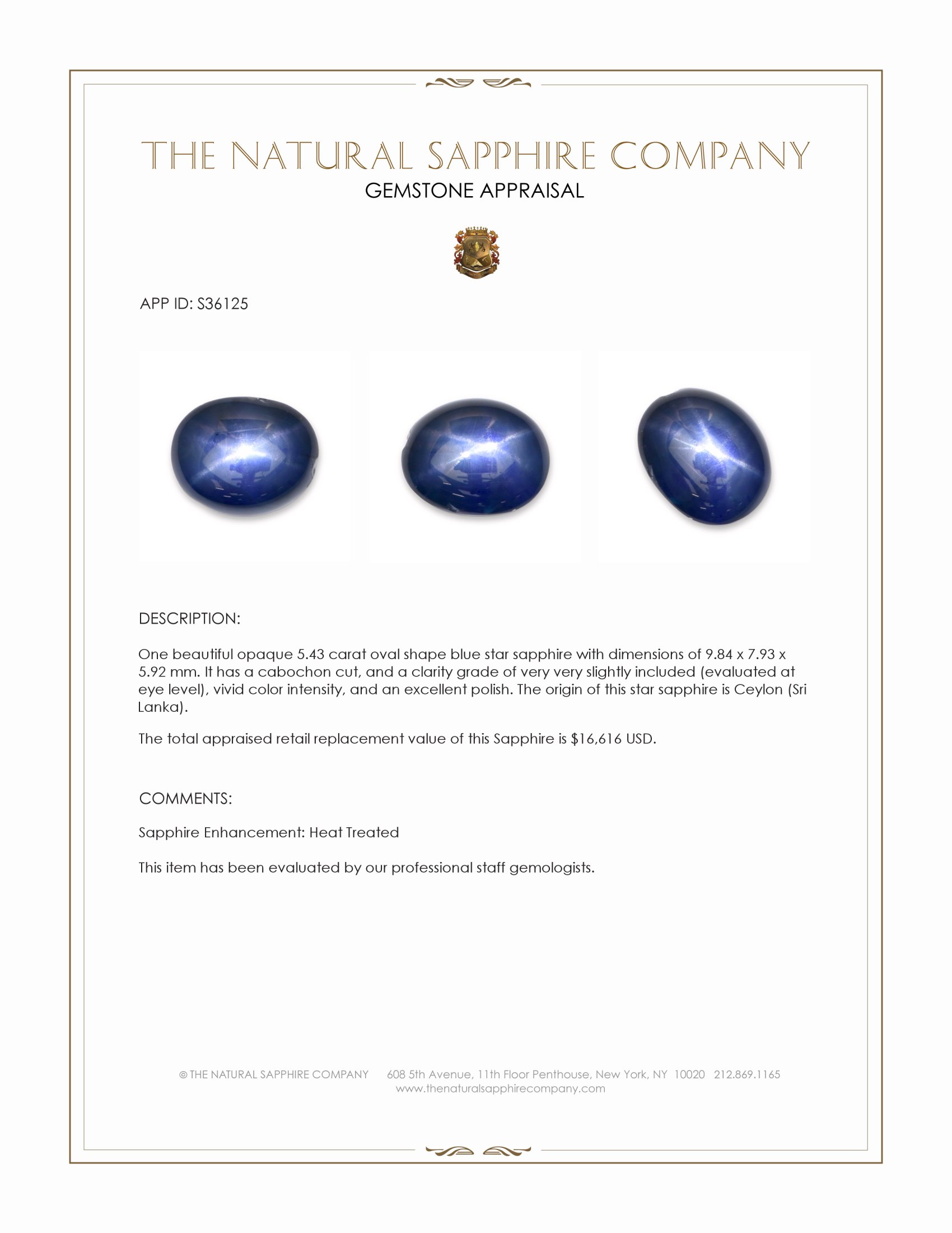 5.43 Ct. Blue Star Sapphire from Ceylon (Sri Lanka)