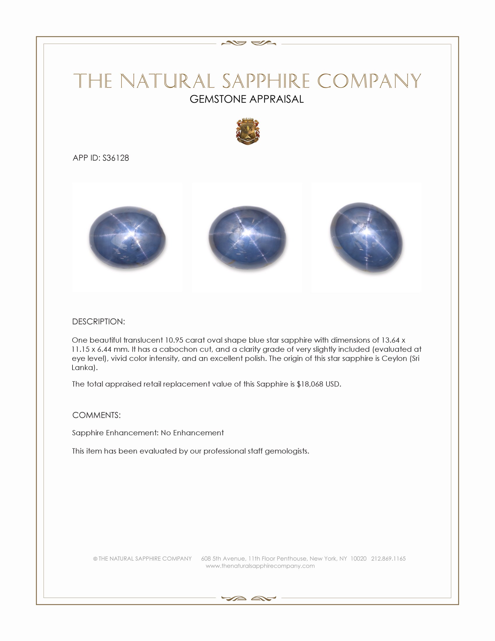 10.95 Ct. Blue Star Sapphire from Ceylon (Sri Lanka)
