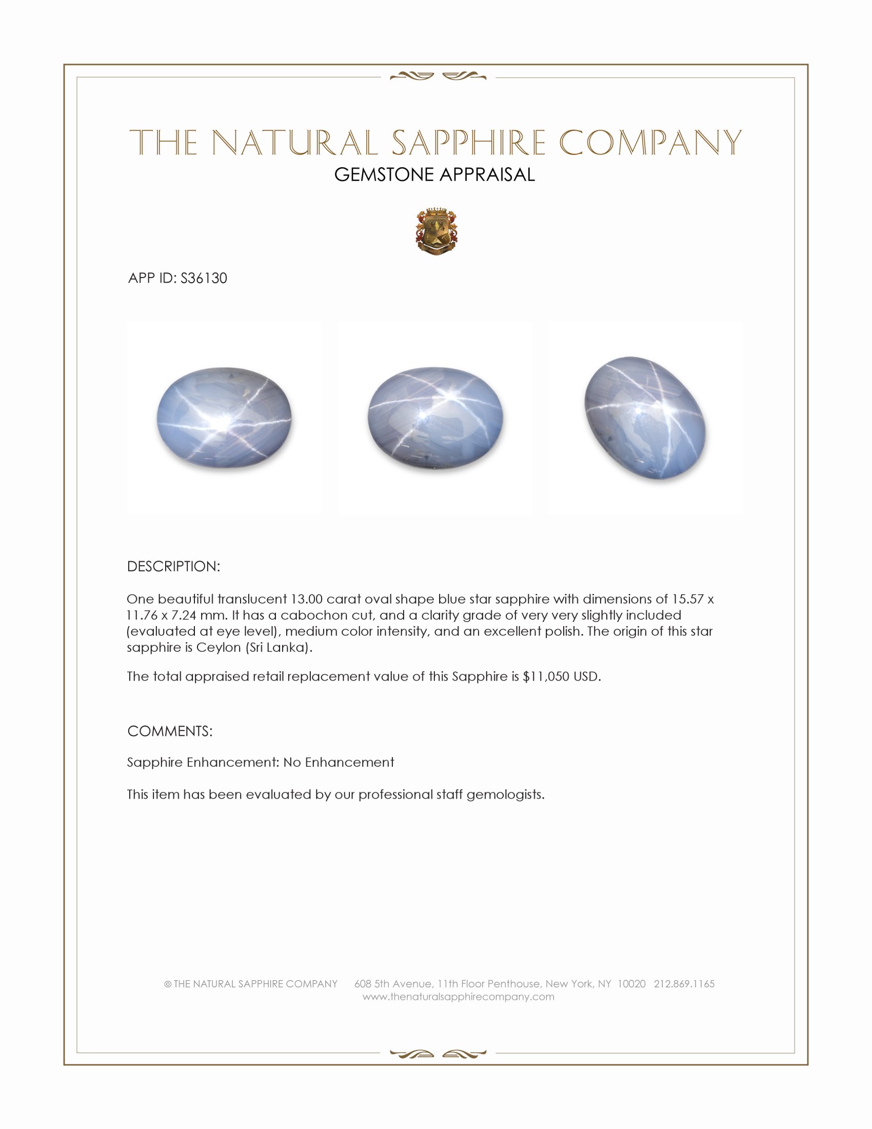 13.00 Ct. Blue Star Sapphire from Ceylon (Sri Lanka)