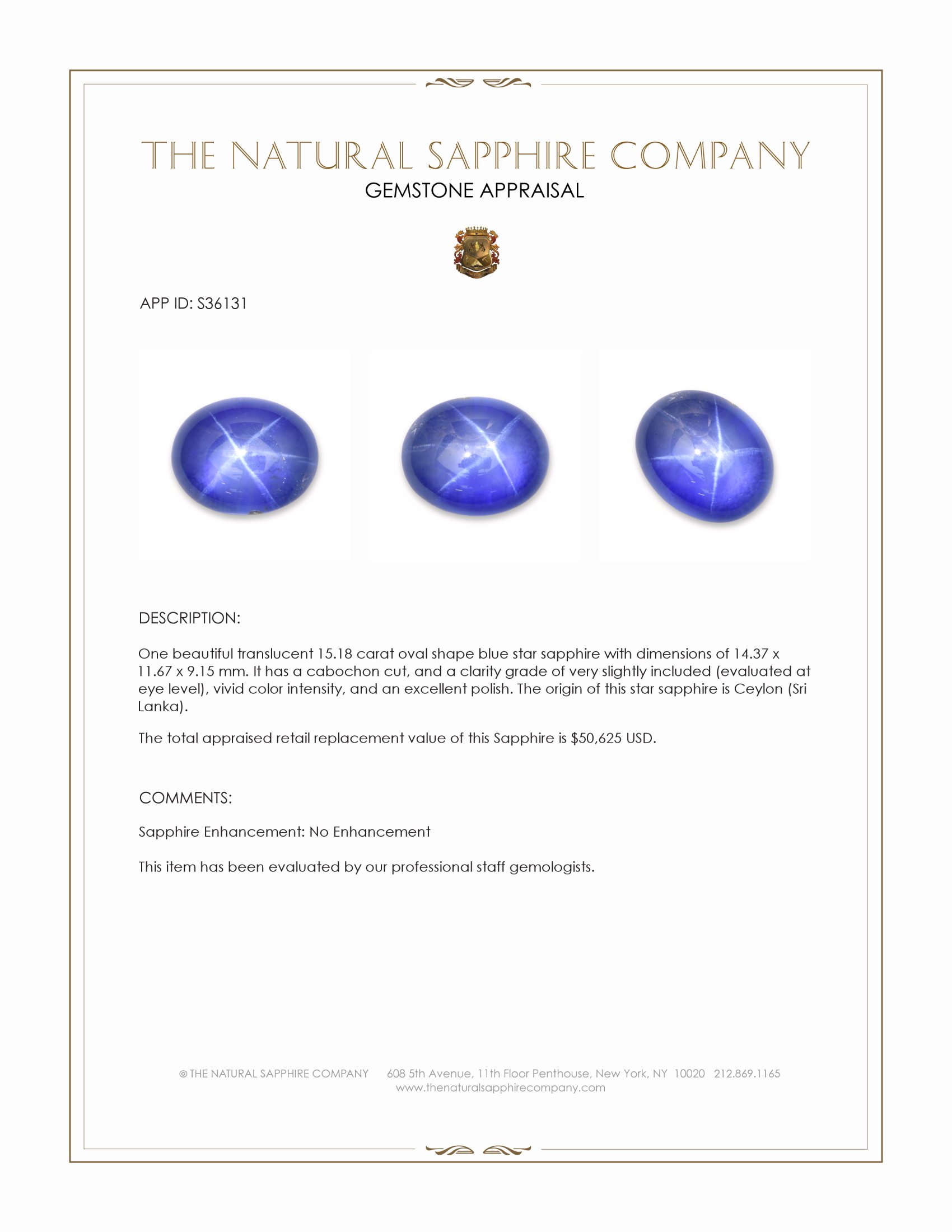 15.18 Ct. Blue Star Sapphire from Ceylon (Sri Lanka)
