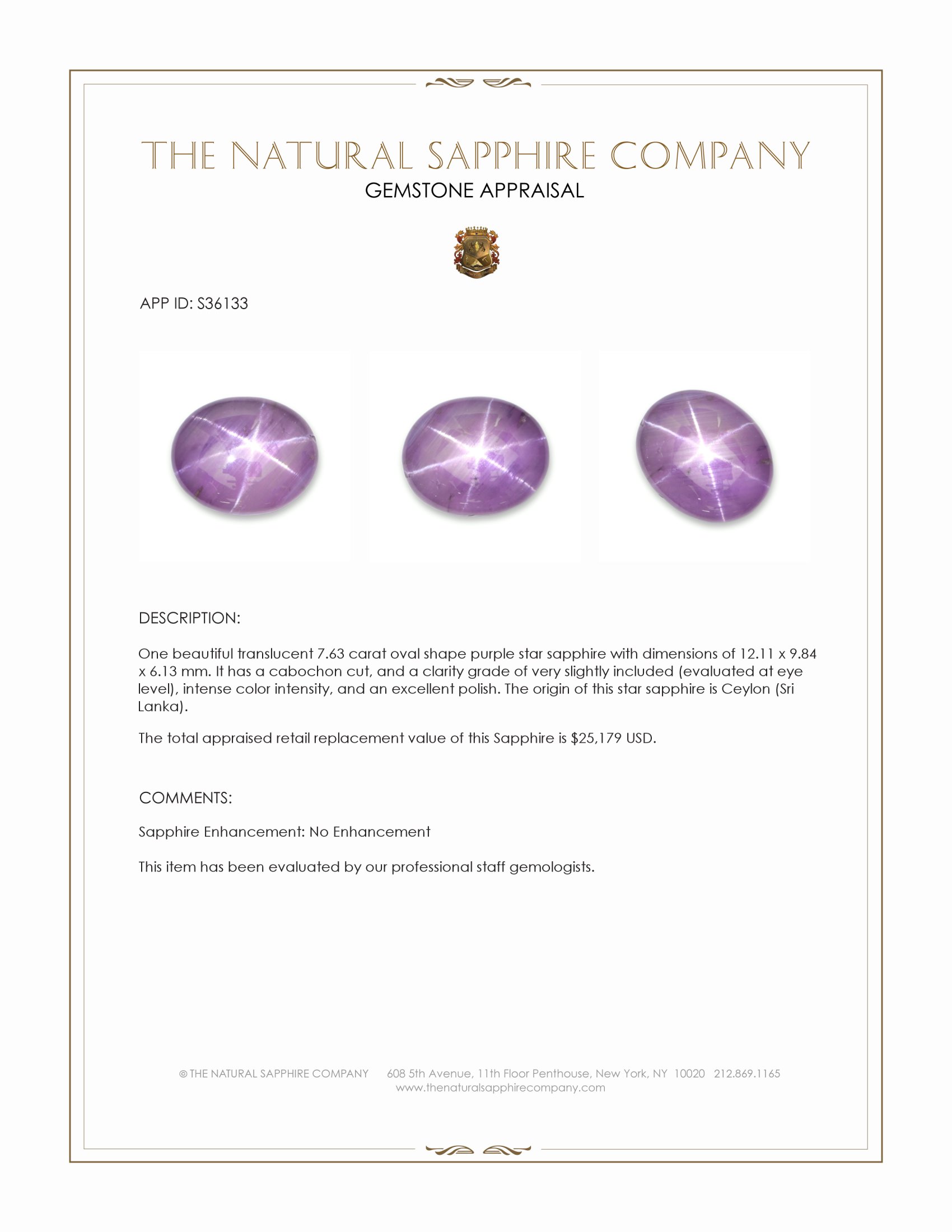 7.63 Ct. Purple Star Sapphire from Ceylon (Sri Lanka)