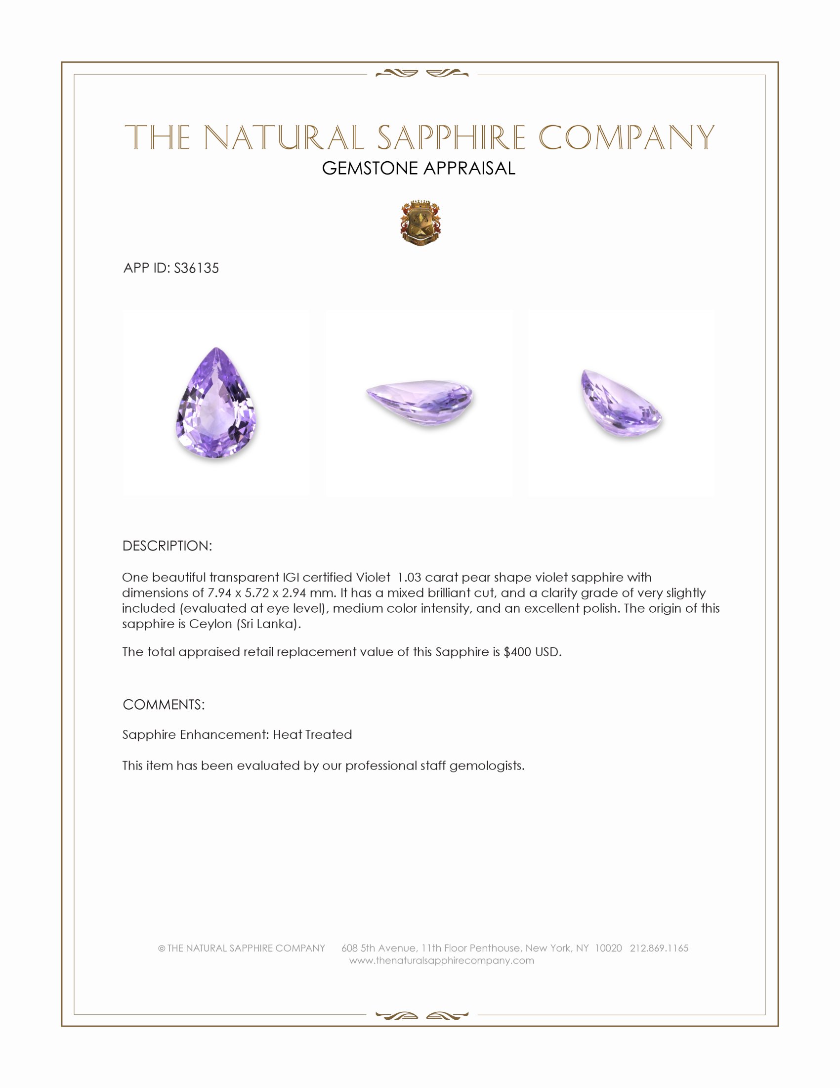 1.03 Ct. Violet Sapphire from Ceylon (Sri Lanka)