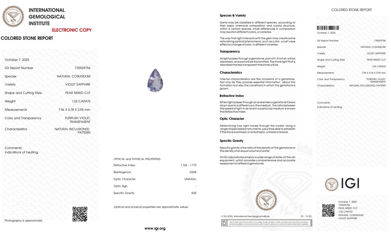 1.03 Ct. Violet Sapphire from Ceylon (Sri Lanka)