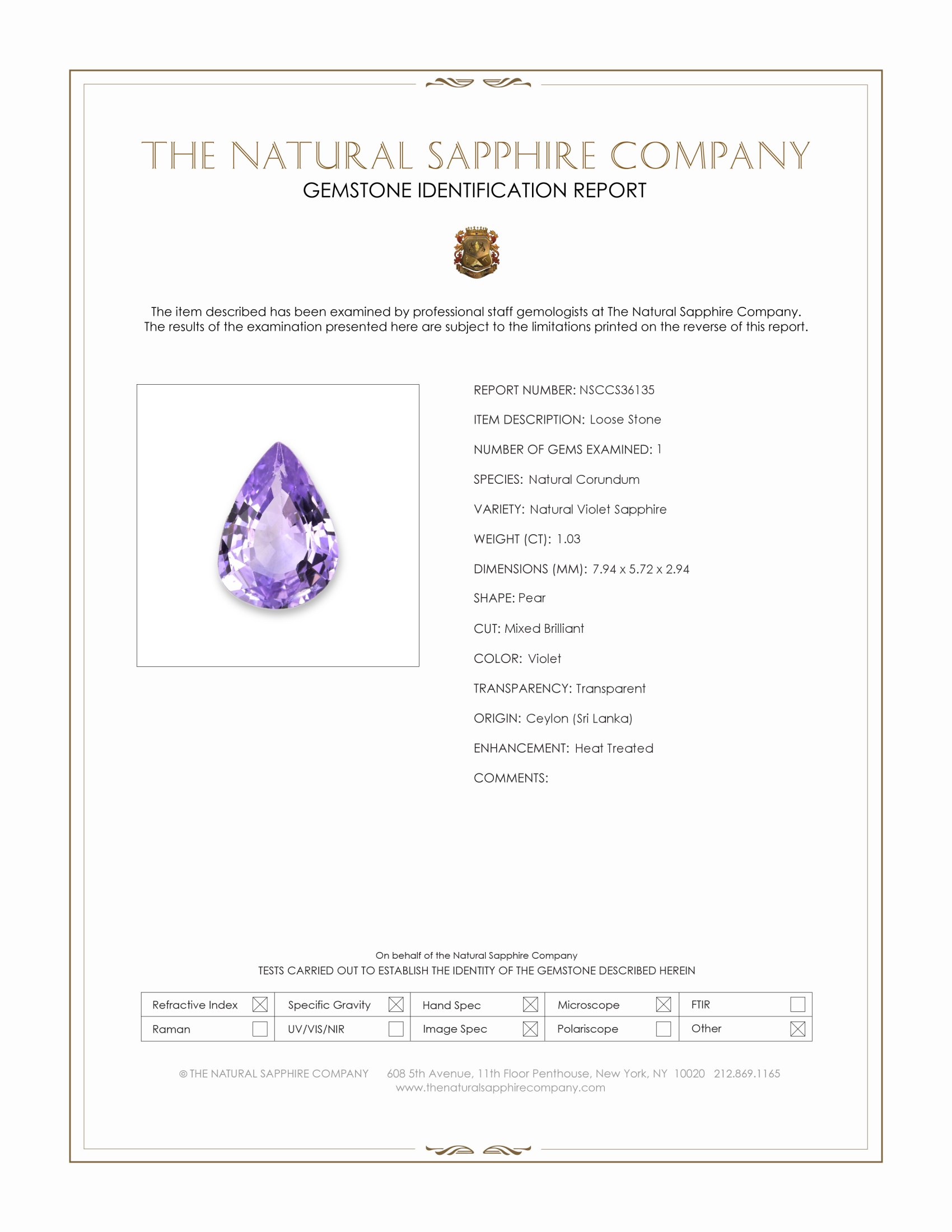 1.03 Ct. Violet Sapphire from Ceylon (Sri Lanka)