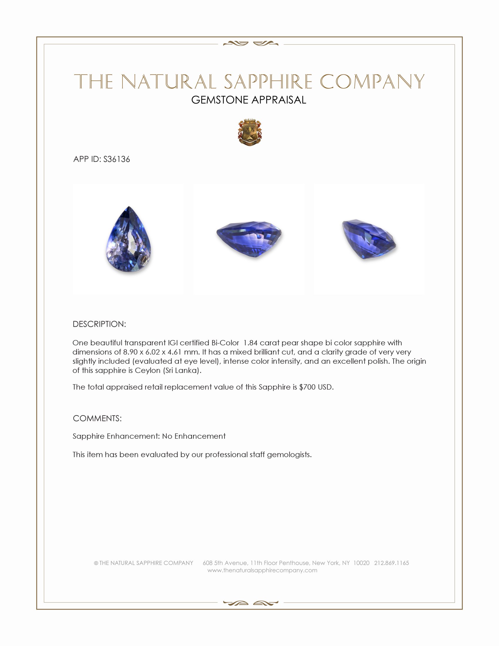 1.84 Ct. Bi Color Sapphire from Ceylon (Sri Lanka)