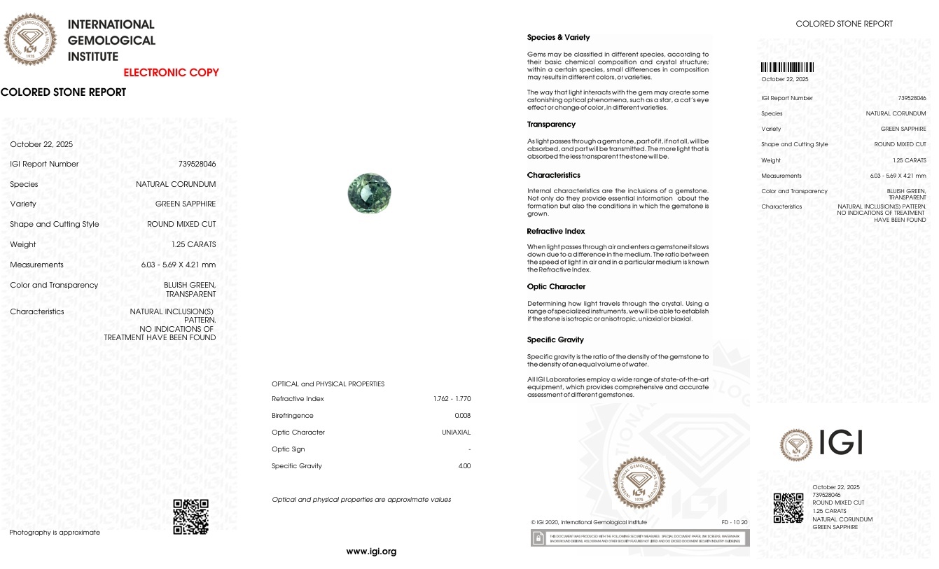 1.25 Ct. Green Sapphire from Ceylon (Sri Lanka)
