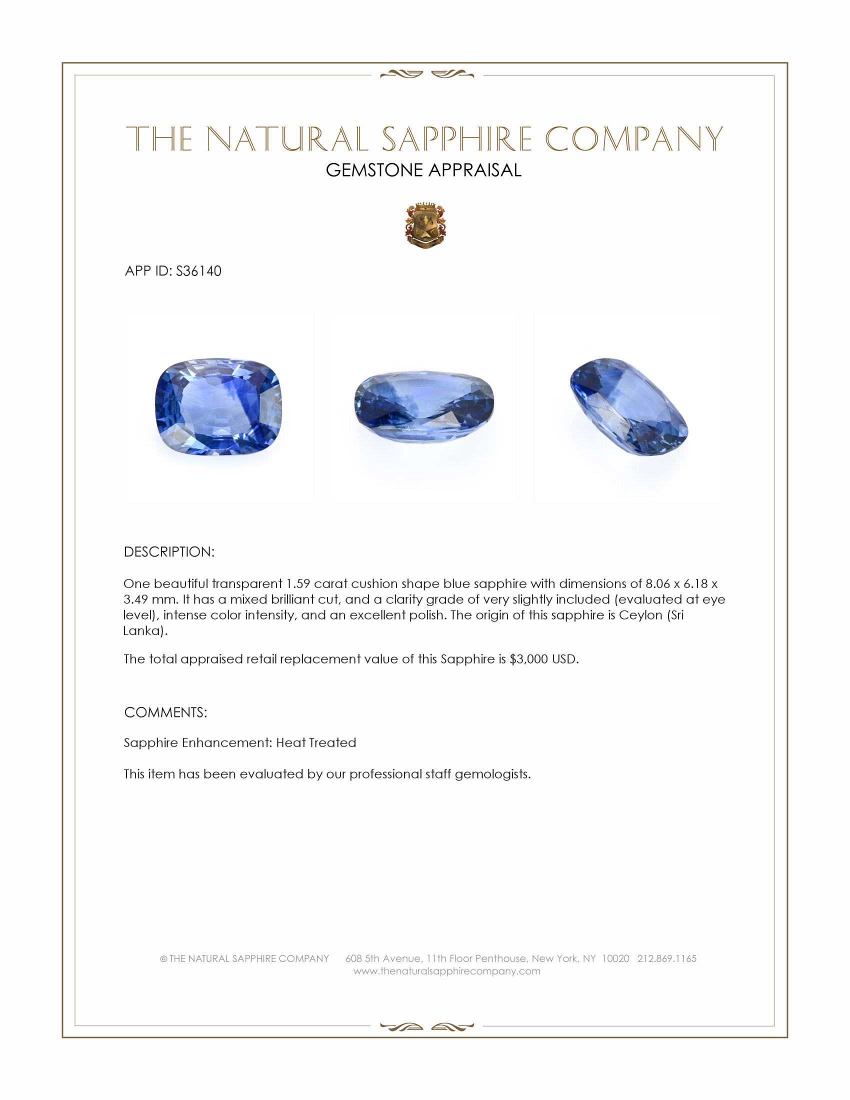 1.59 Ct. Blue Sapphire from Ceylon (Sri Lanka)