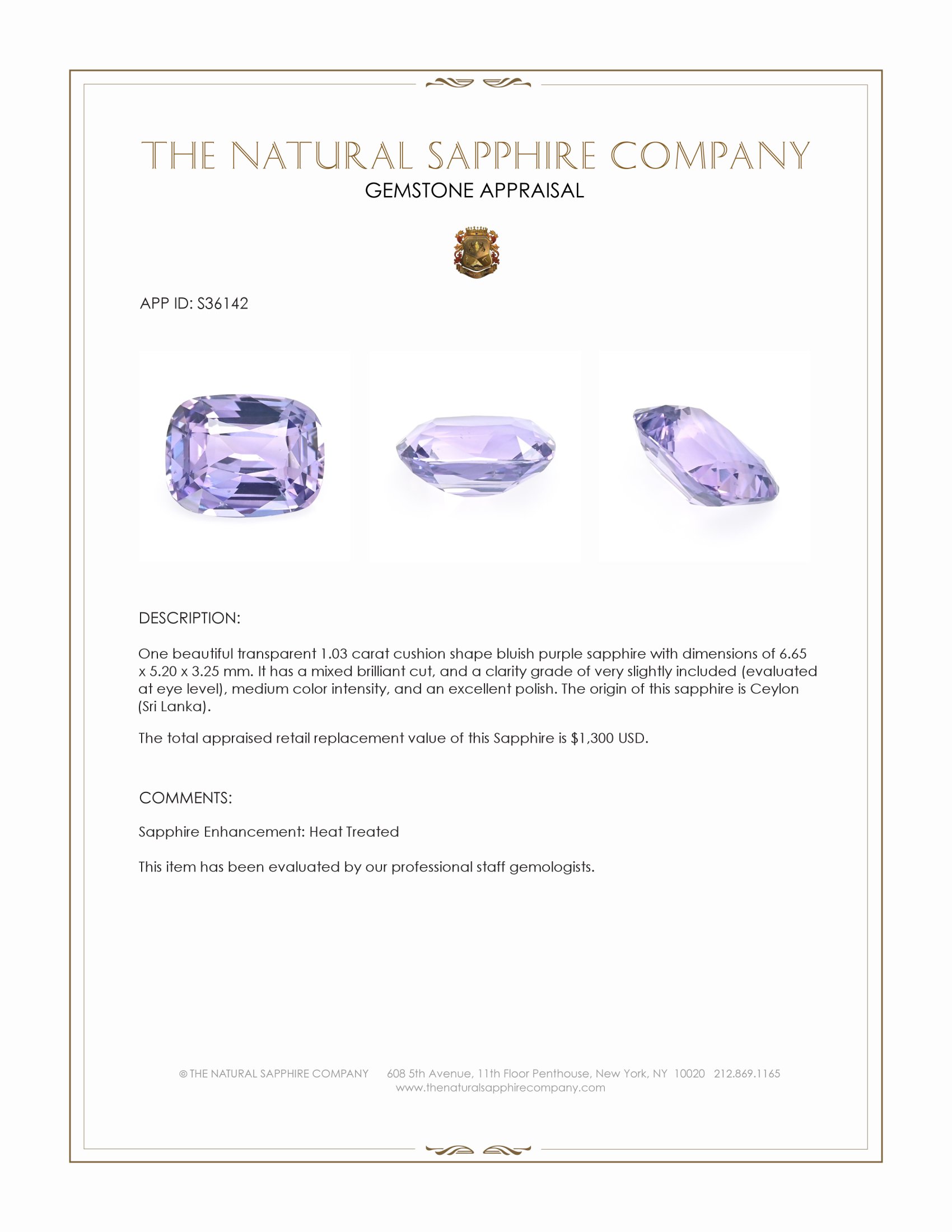 1.03 Ct. Bluish Purple Sapphire from Ceylon (Sri Lanka)
