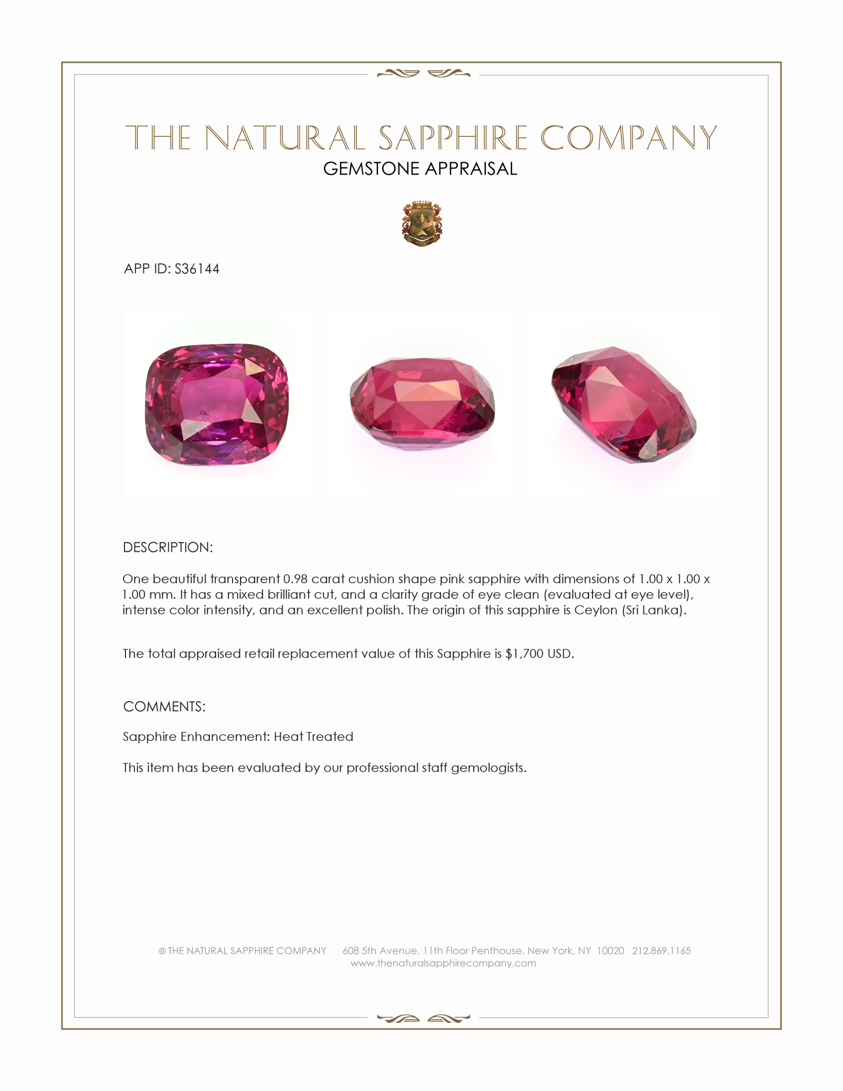 0.98 Ct. Purplish Pink Sapphire from Ceylon (Sri Lanka)