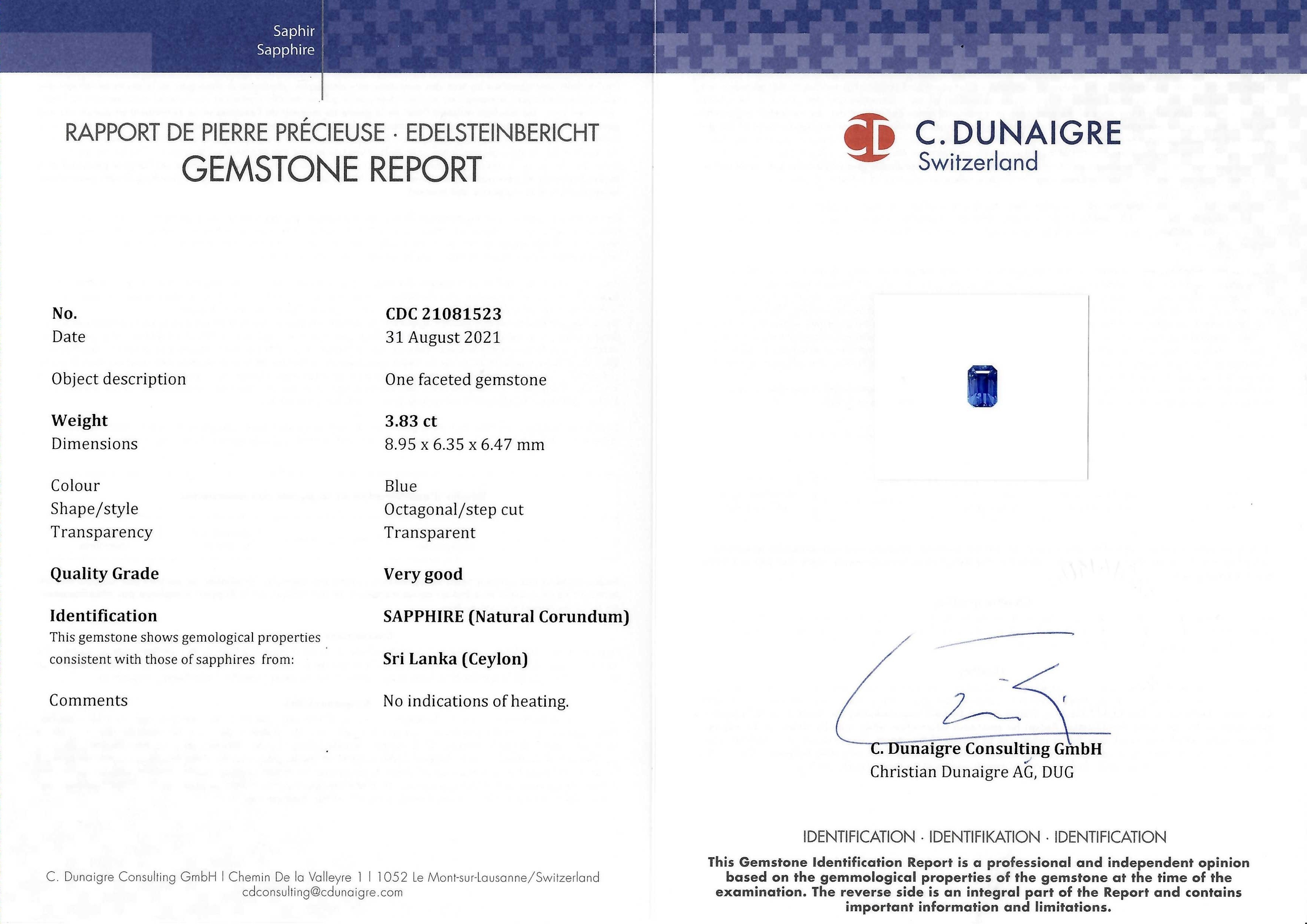 3.83 Ct. Blue Sapphire from Ceylon (Sri Lanka)