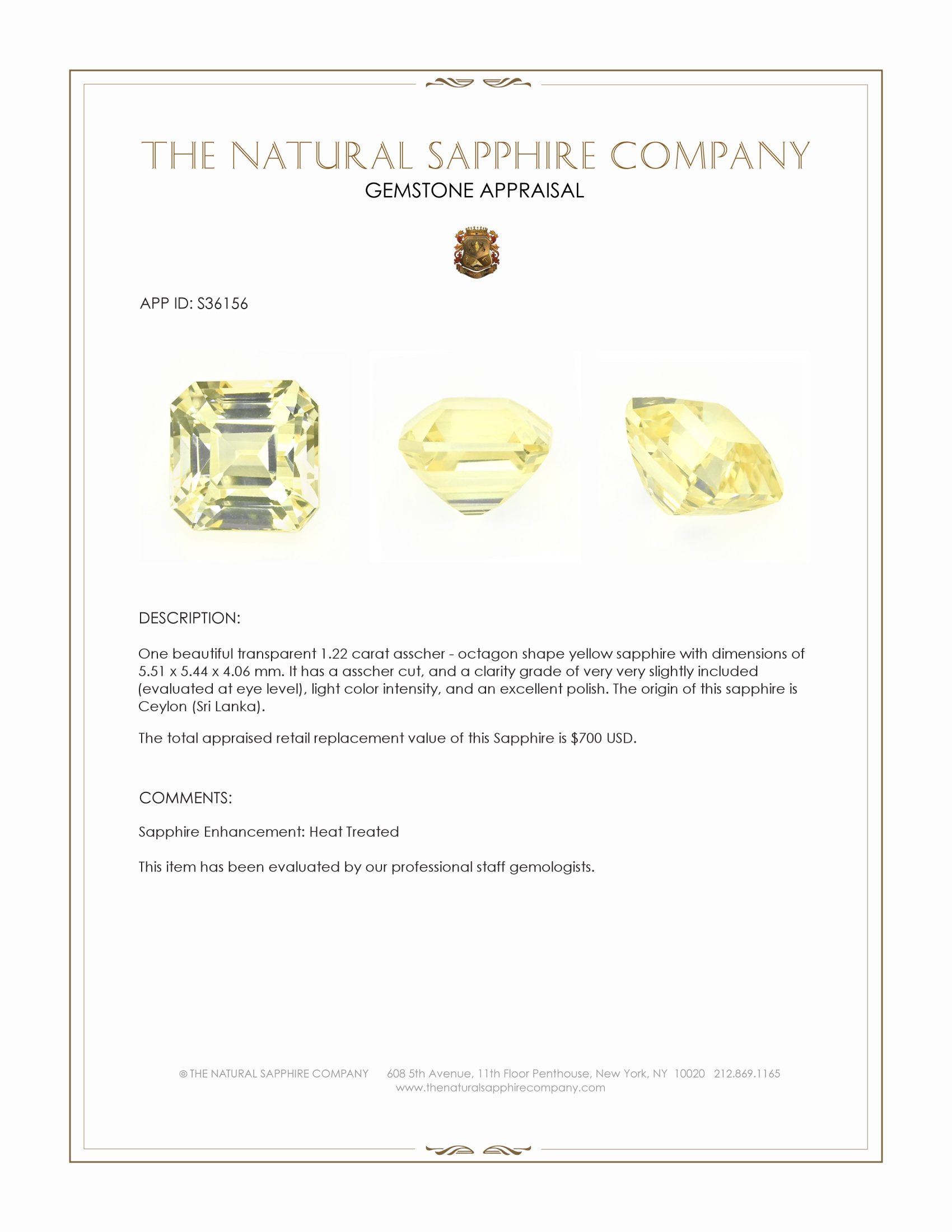 1.22 Ct. Yellow Sapphire from Ceylon (Sri Lanka)