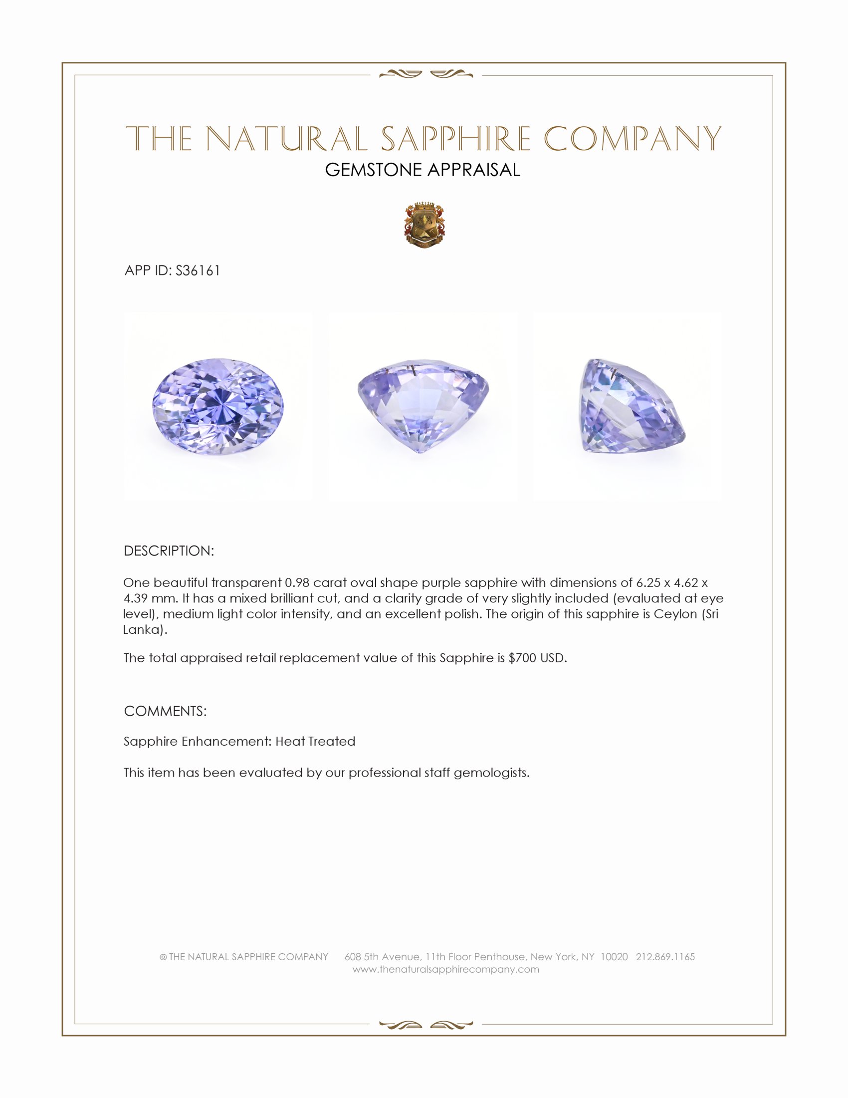 0.98 Ct. Purple Sapphire from Ceylon (Sri Lanka)