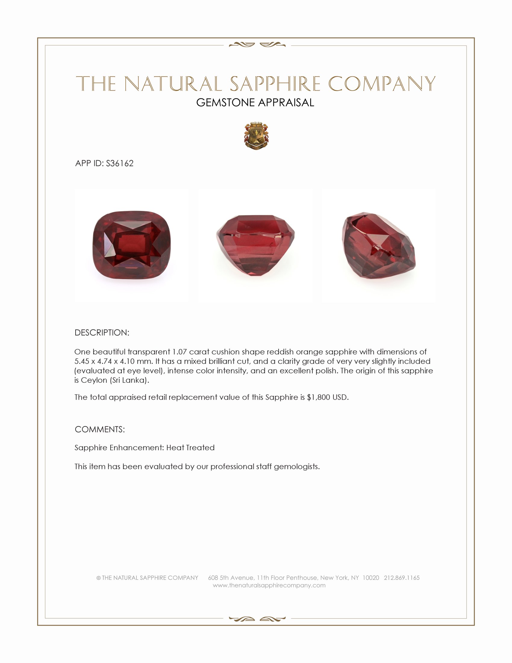 1.07 Ct. Orangish Brown Sapphire from Ceylon (Sri Lanka)