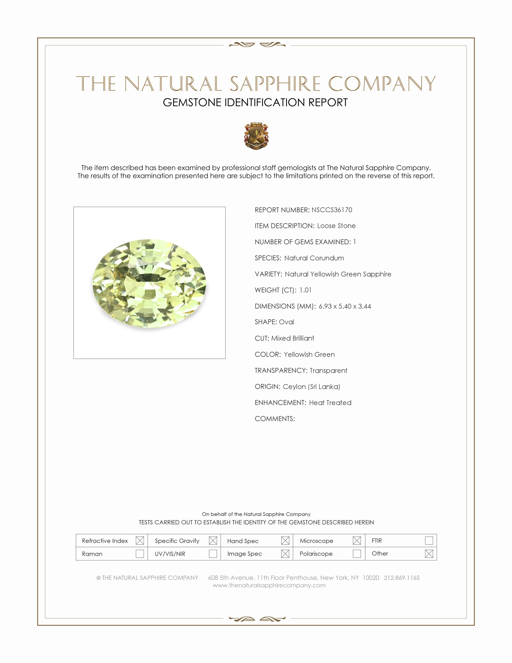 1.01 Ct. Yellowish Green Sapphire from Ceylon (Sri Lanka)